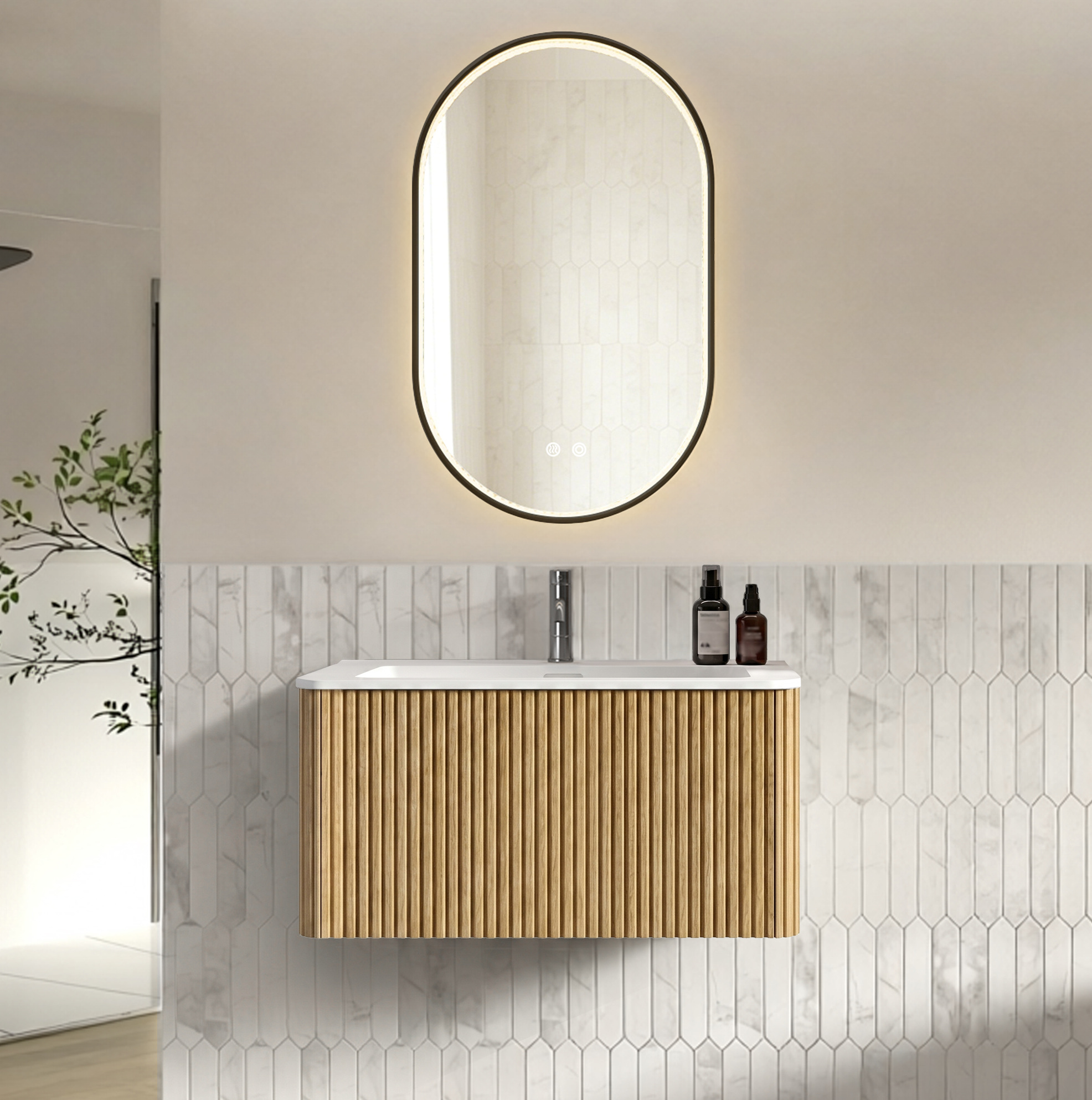 Hängendes Badmöbelset 80 Cm Mit Integriertem Waschbecken Und Led-spiegel 50 X 80 Cm Eiche Okwish