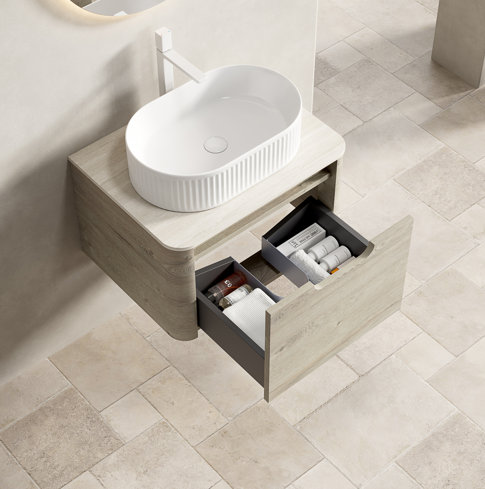 Hängender Badschrank 60 Cm Mit Ovalem Keramikwaschbecken Und Travertinoptik-platte