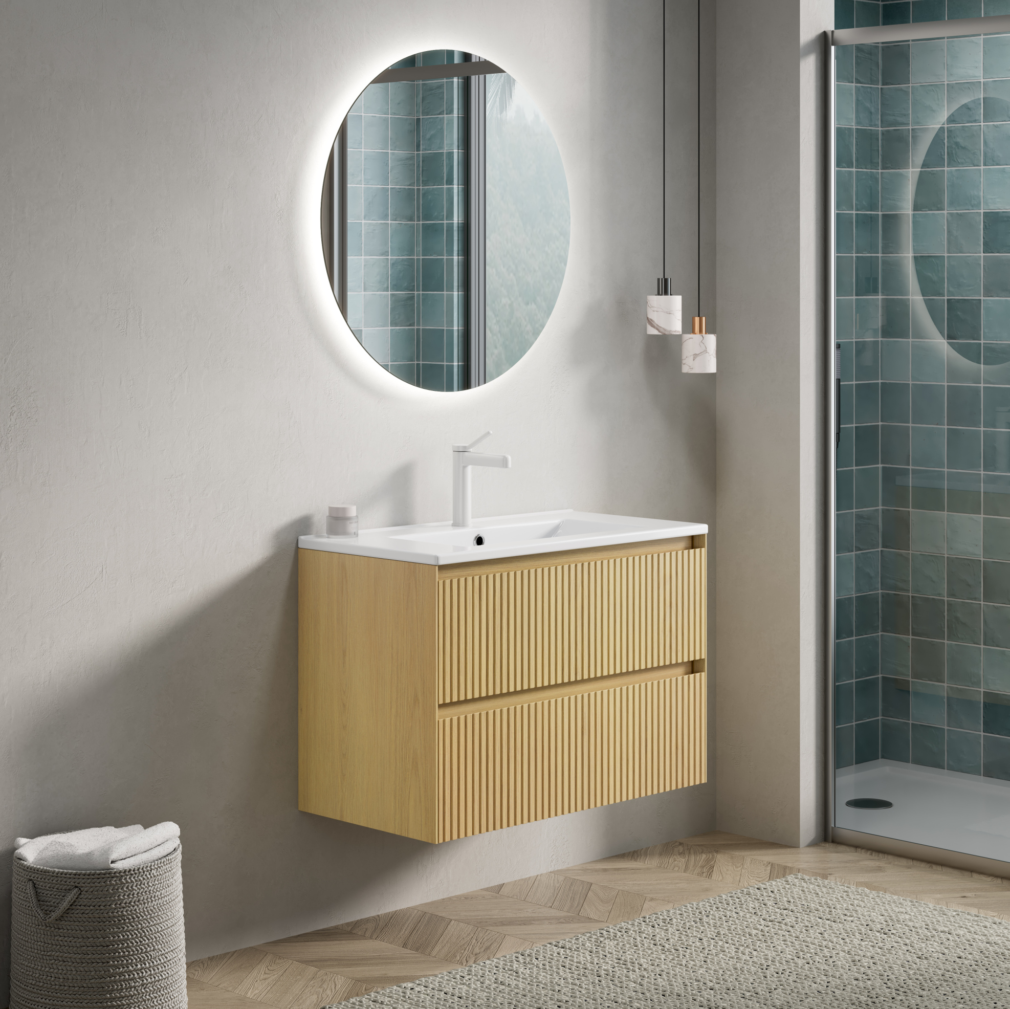 Hängender Badschrank 75 Cm Mit Weißem Keramikwaschbecken, 2 Schubladen, Goldene Eiche