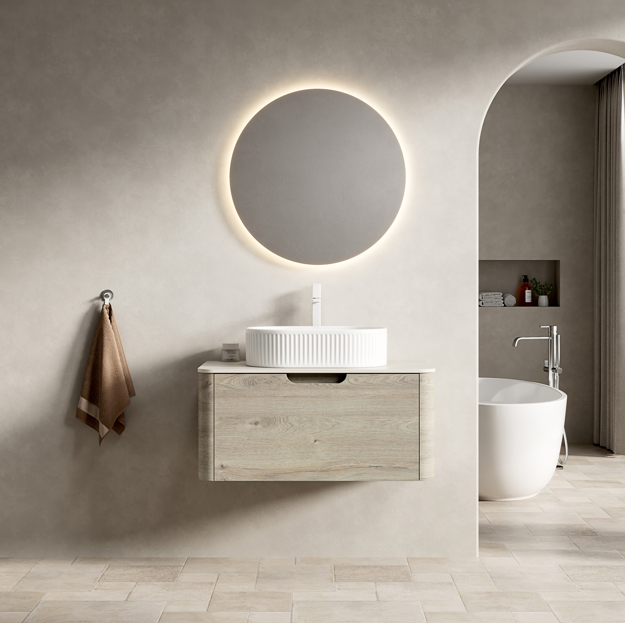 Hängender Badschrank 80 Cm Mit Weißem Ovalwaschbecken, Travertinplatte Und Schublade