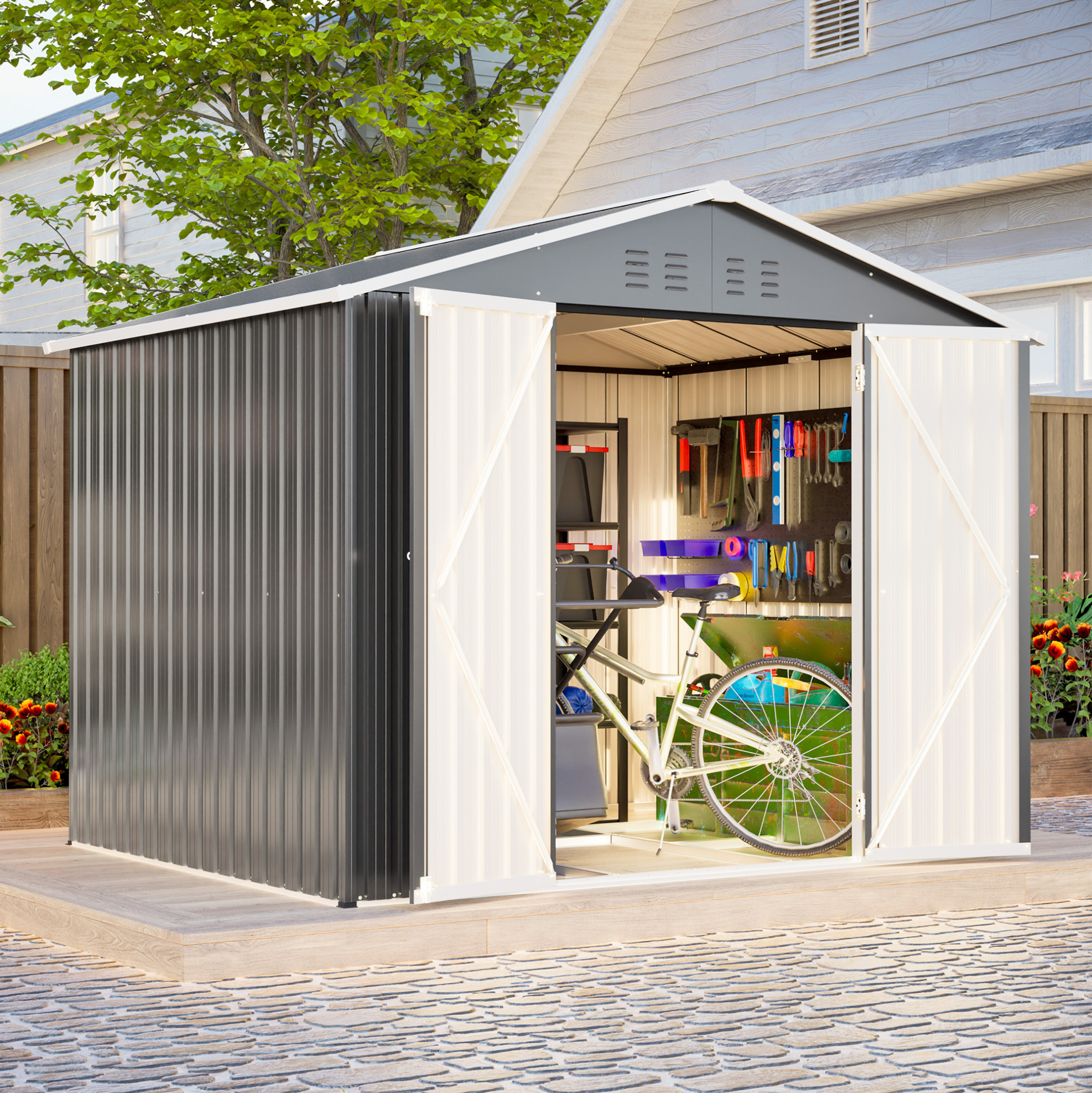 Okwish Metall-gartenhaus 8x6 Ft Anthrazitgrau Mit Drehtür