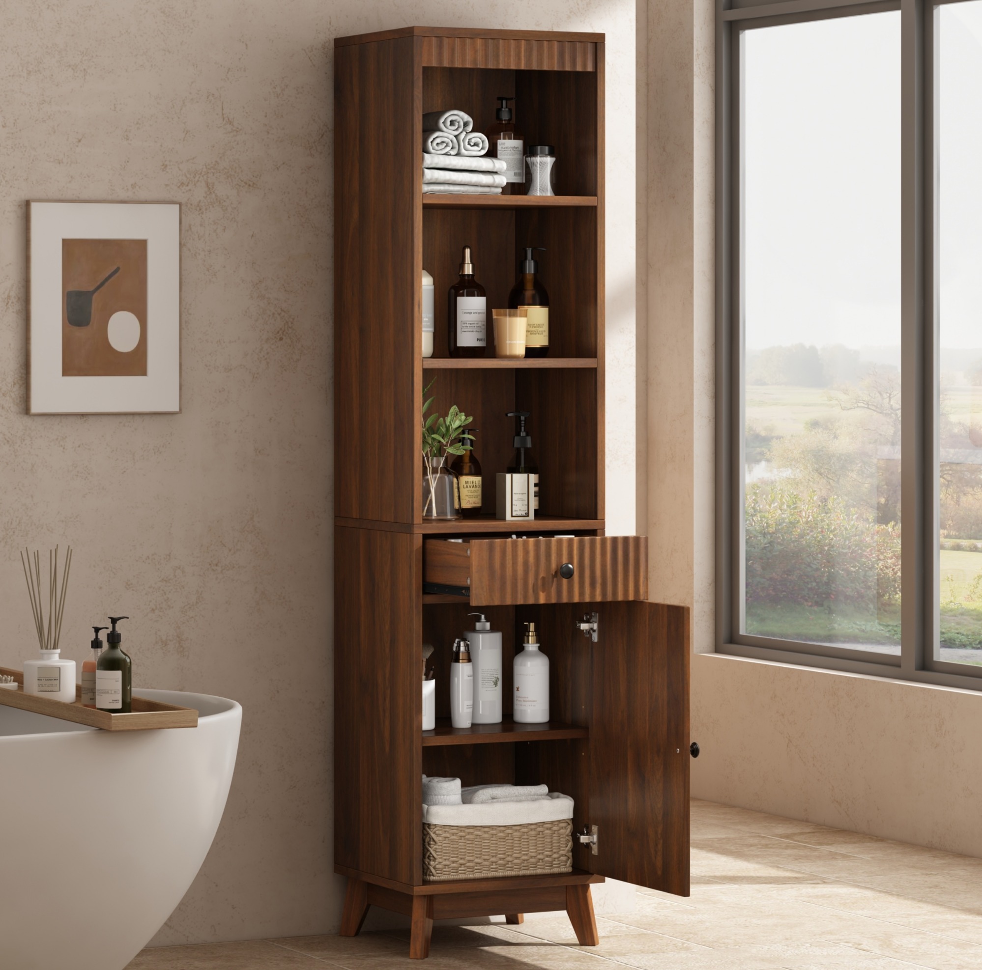 Badezimmer-hochschrank 172 Cm, Tür Beidseitig Montierbar, Schublade, Mdf, Nussbaum