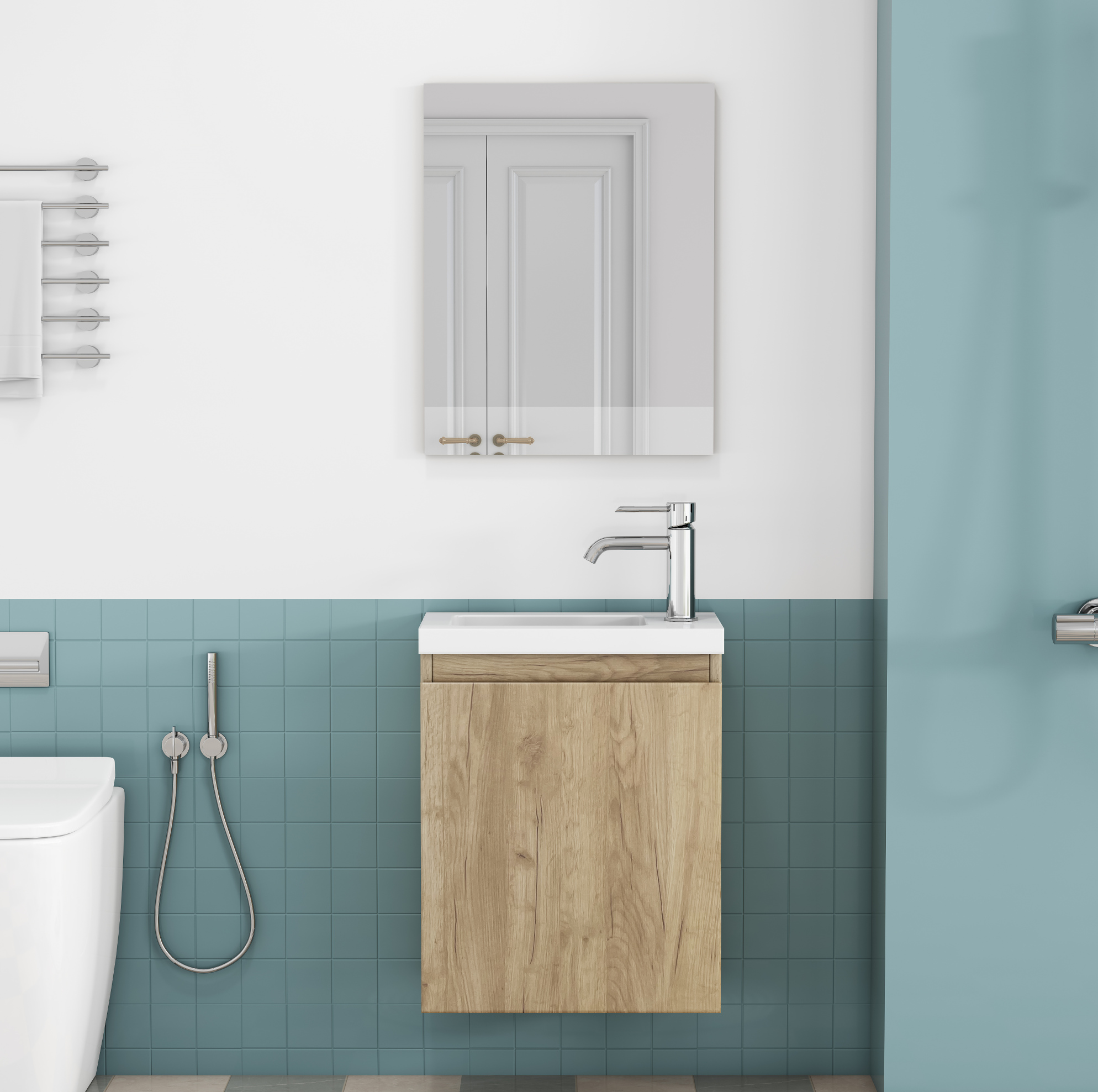 Hängender Badschrank 45 X 34 X 58 Cm In Eichenoptik Mit Keramikwaschbecken Und Spiegel
