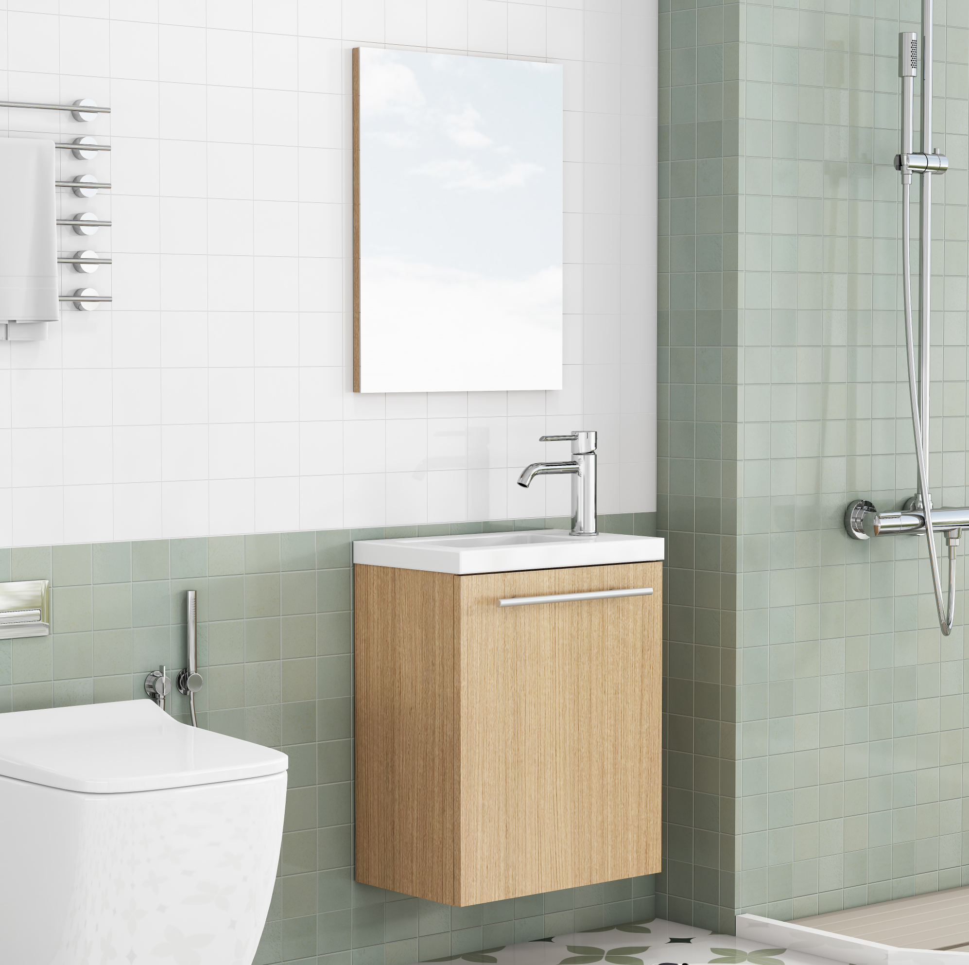 Hängender Badschrank Mit Keramikwaschbecken Und Spiegel, Mdf Eiche, 40 X 25 X 48 Cm