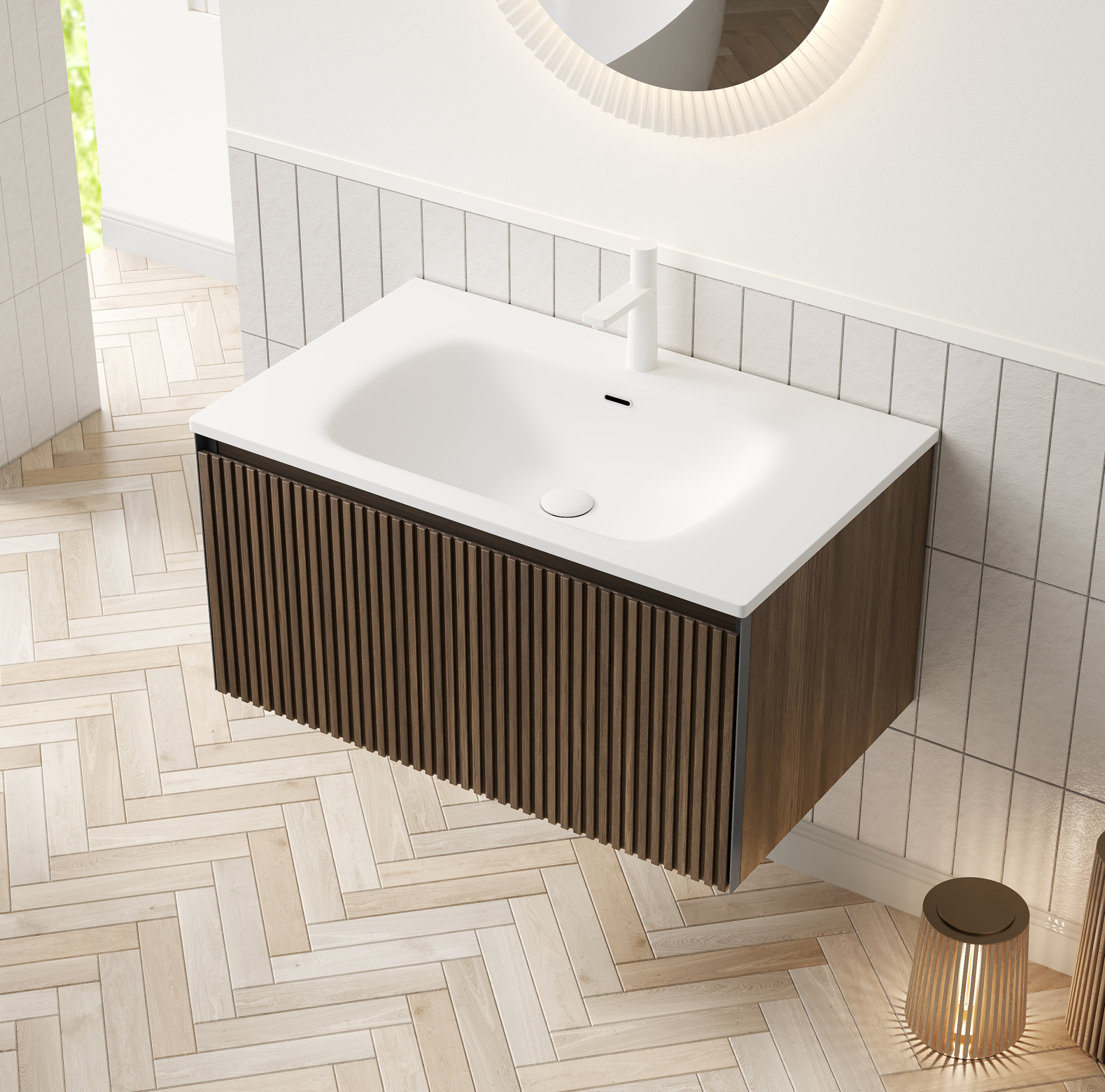 Hängendes Badmöbel 80 Cm Mit Weißem Keramikwaschbecken, Eiche Braun, Schublade, Montiert