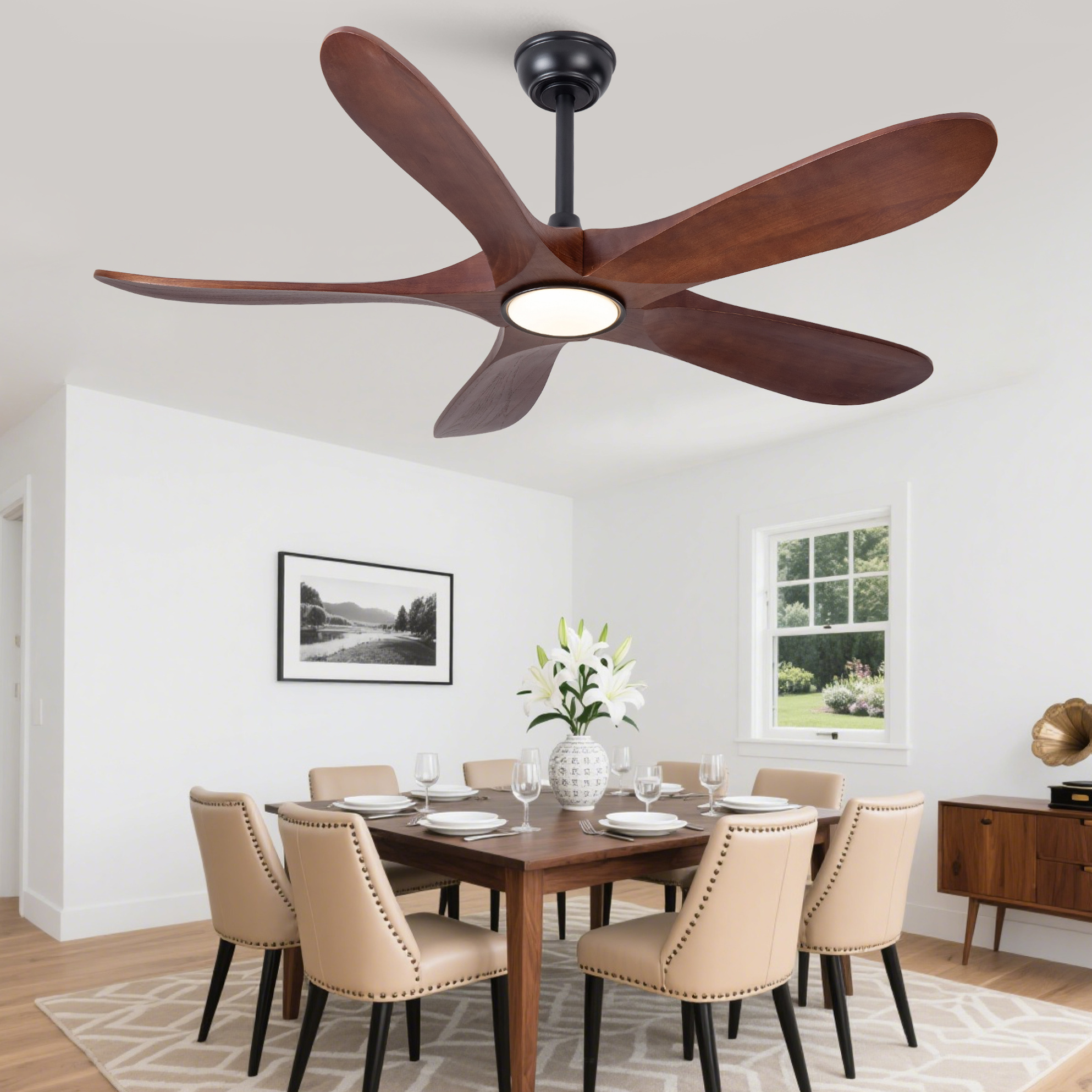 52-zoll-deckenventilator Mit Licht Und Fernbedienung, 5 Holzflügel, Schwarz/nussbaum
