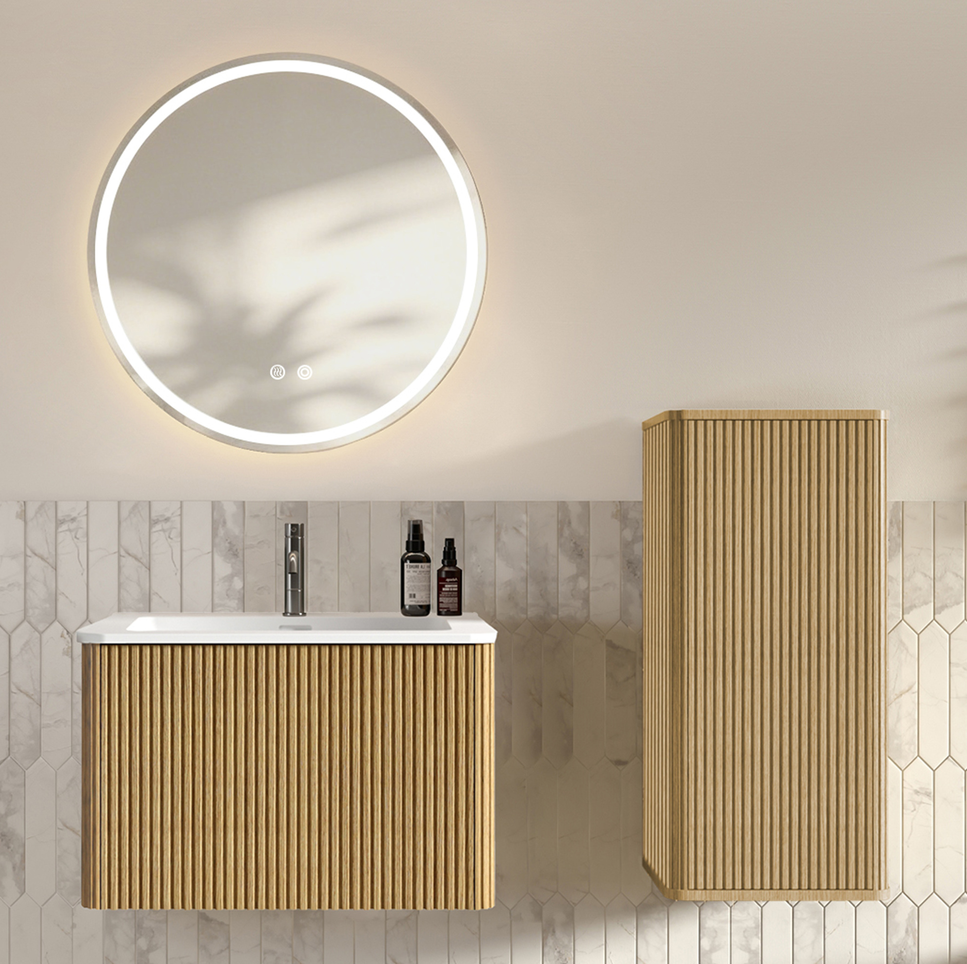 60 Cm Badmöbel-set Mit Waschbecken Und Led-spiegel, Hängend, Eichenoptik