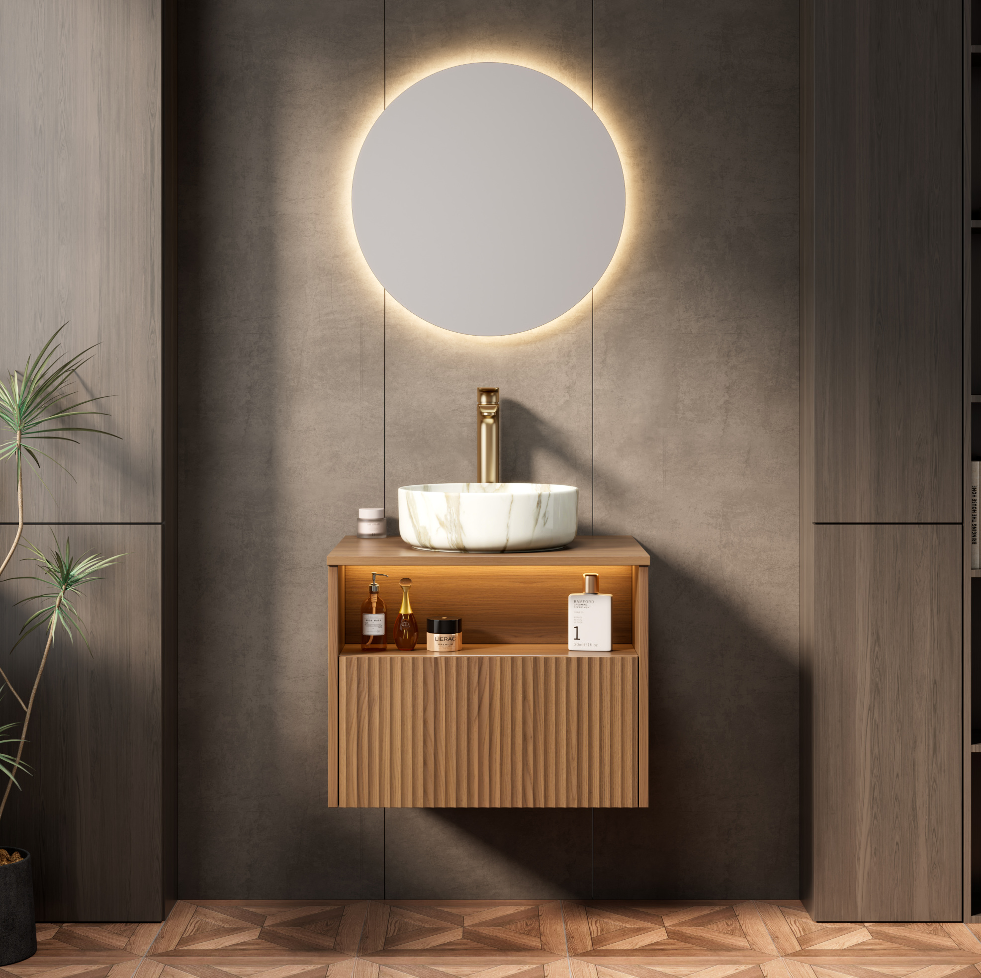 Okwish Hängender Badschrank 60 Cm Mit Weißem Keramikwaschbecken, Brauner Eiche Und Led