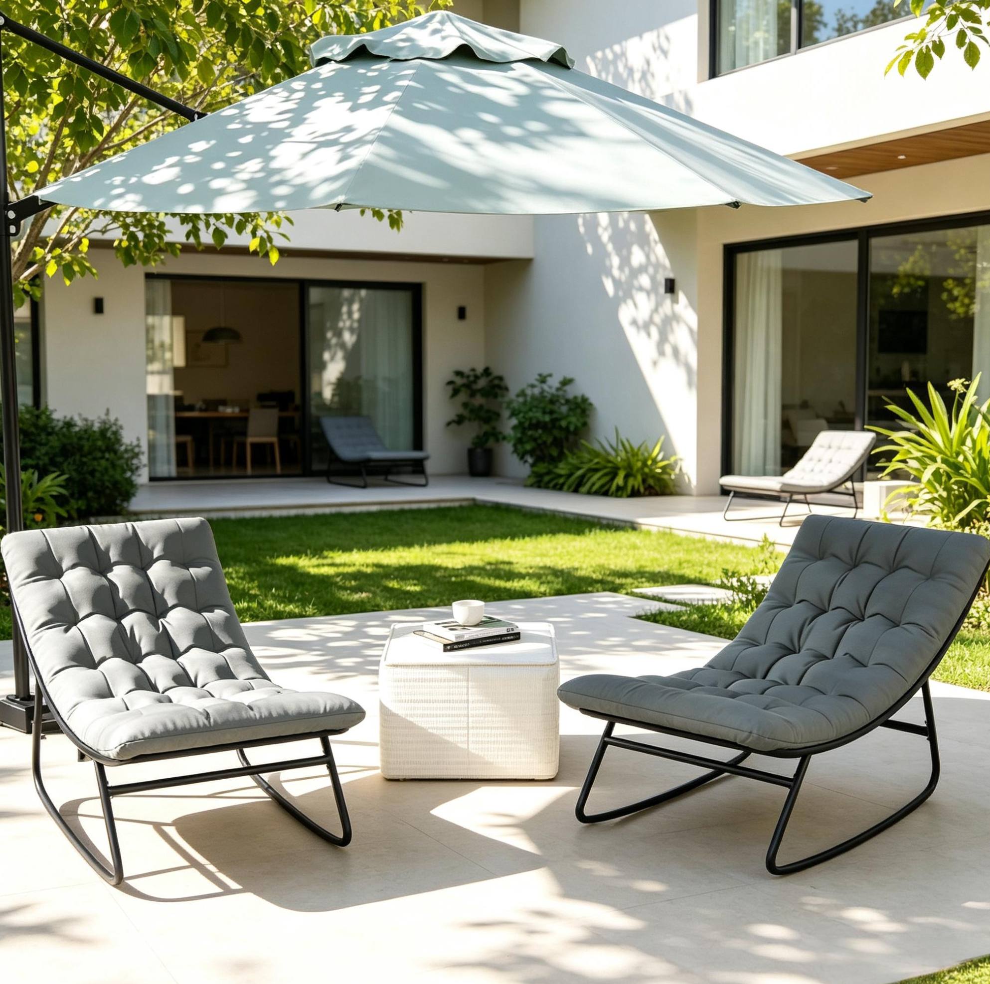 Set Mit 2 Garten-schaukelstühlen Mit Kissen, Stahlgestell, Dunkelgrau Und Schwarz