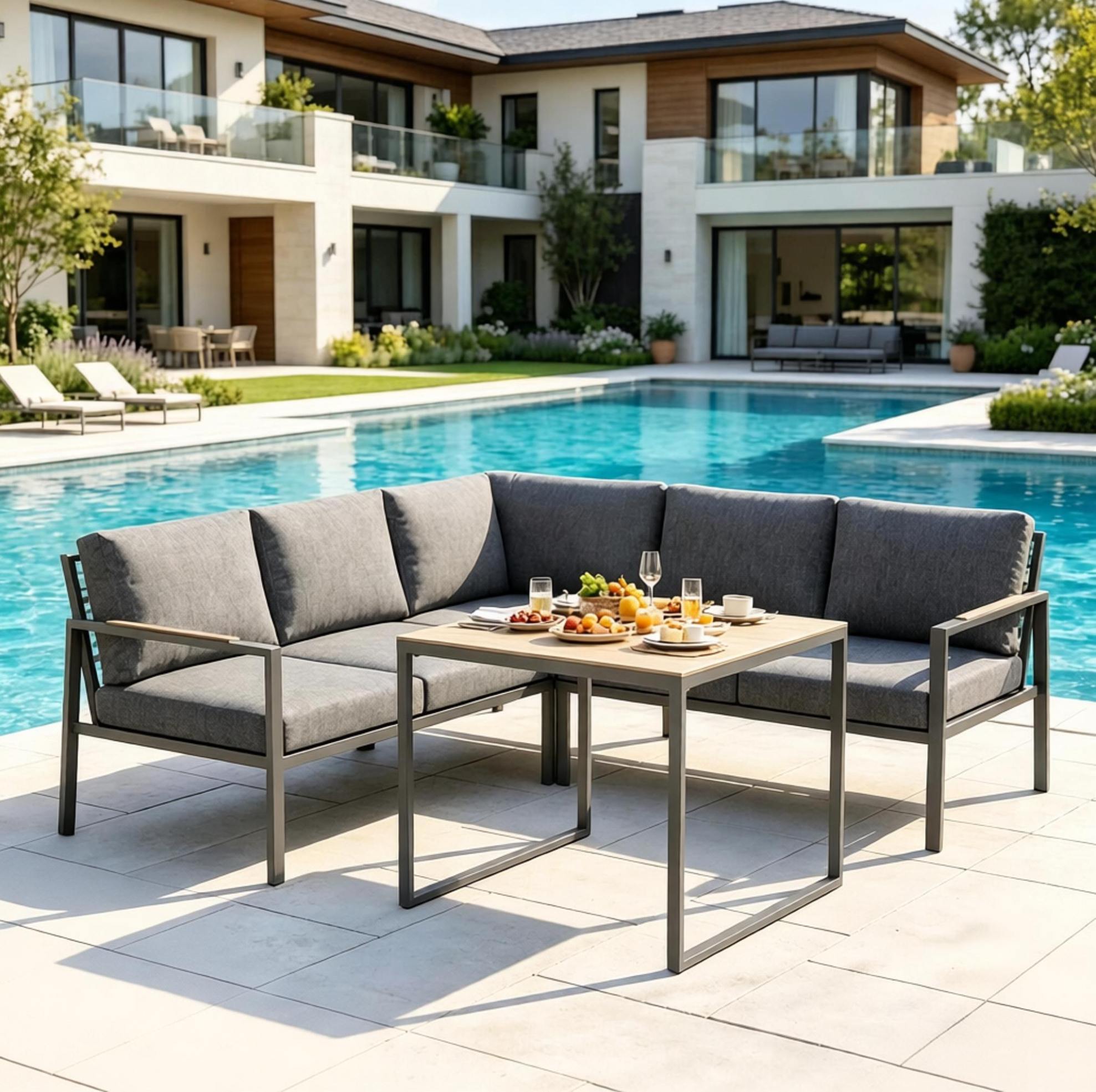 Okwish L-förmige Gartenlounge Aus Dunkelgrauem Metall Mit Glastisch, 5 Plätze