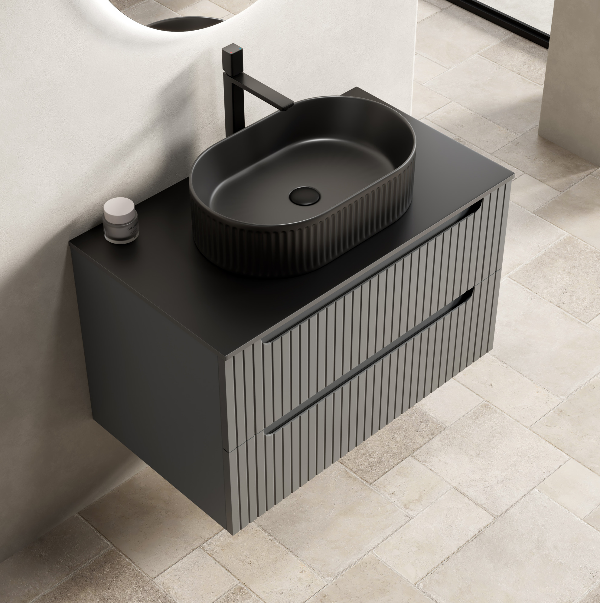 Hängender Badschrank 80 Cm Schwarz Mit Ovalem Waschbecken, Steinplatte Und 2 Schubladen