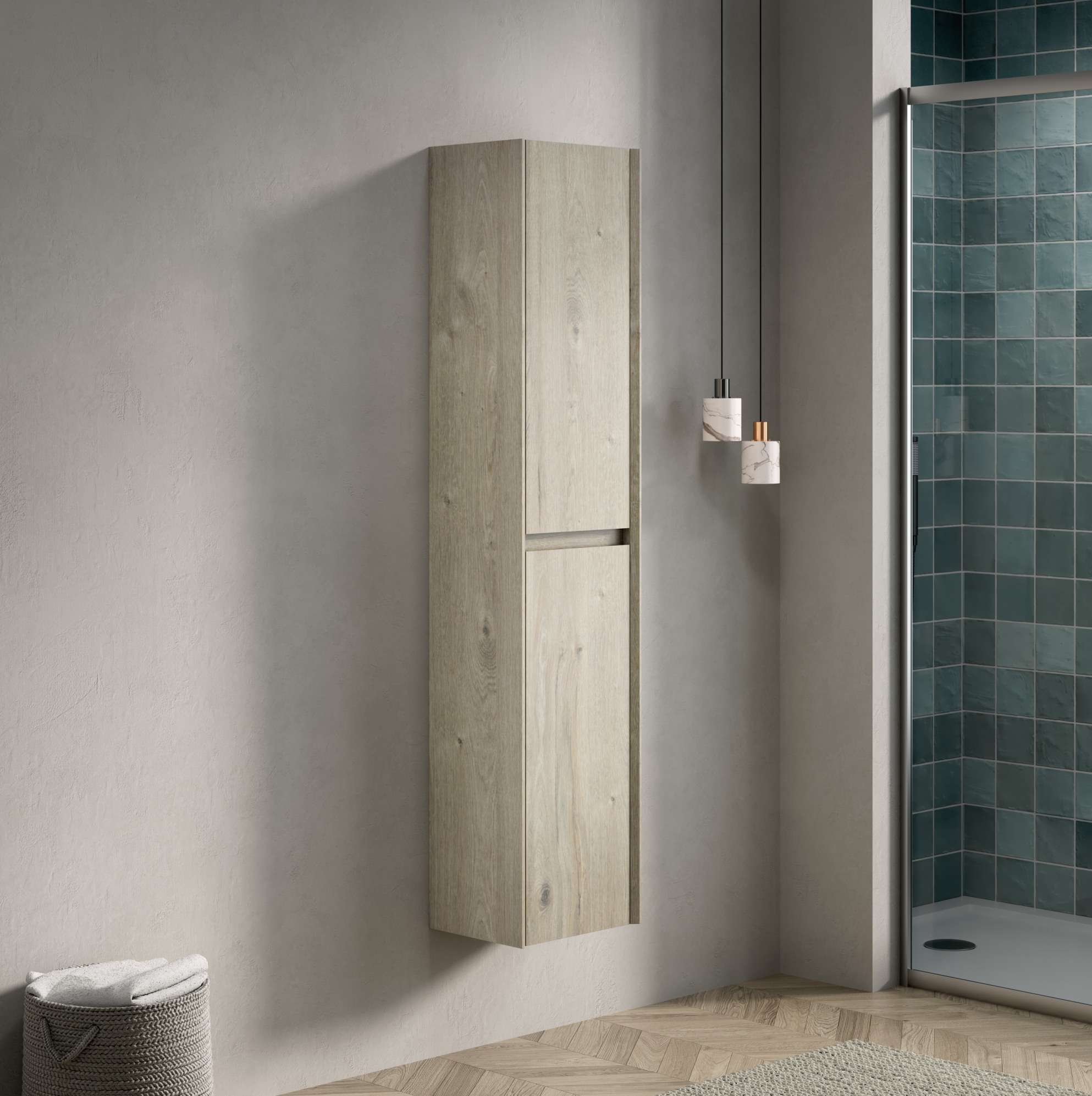 Schmaler Hängeschrank Fürs Bad 140 Cm Aus Sperrholz, 2 Türen, Eichenoptik Creme