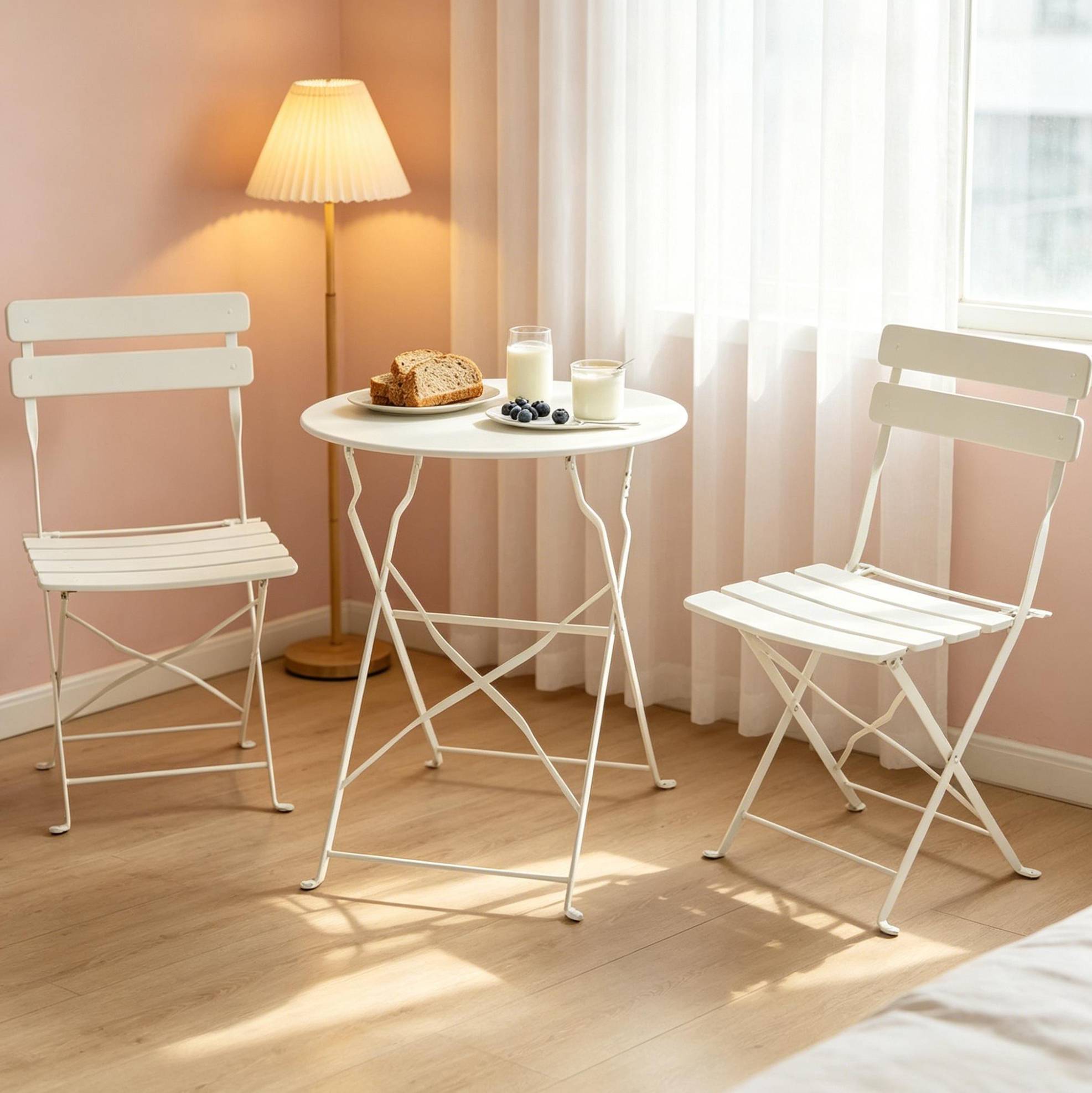 Klappbares Bistro-set Aus Metall In Creme, 1 Tisch Und 2 Stühle
