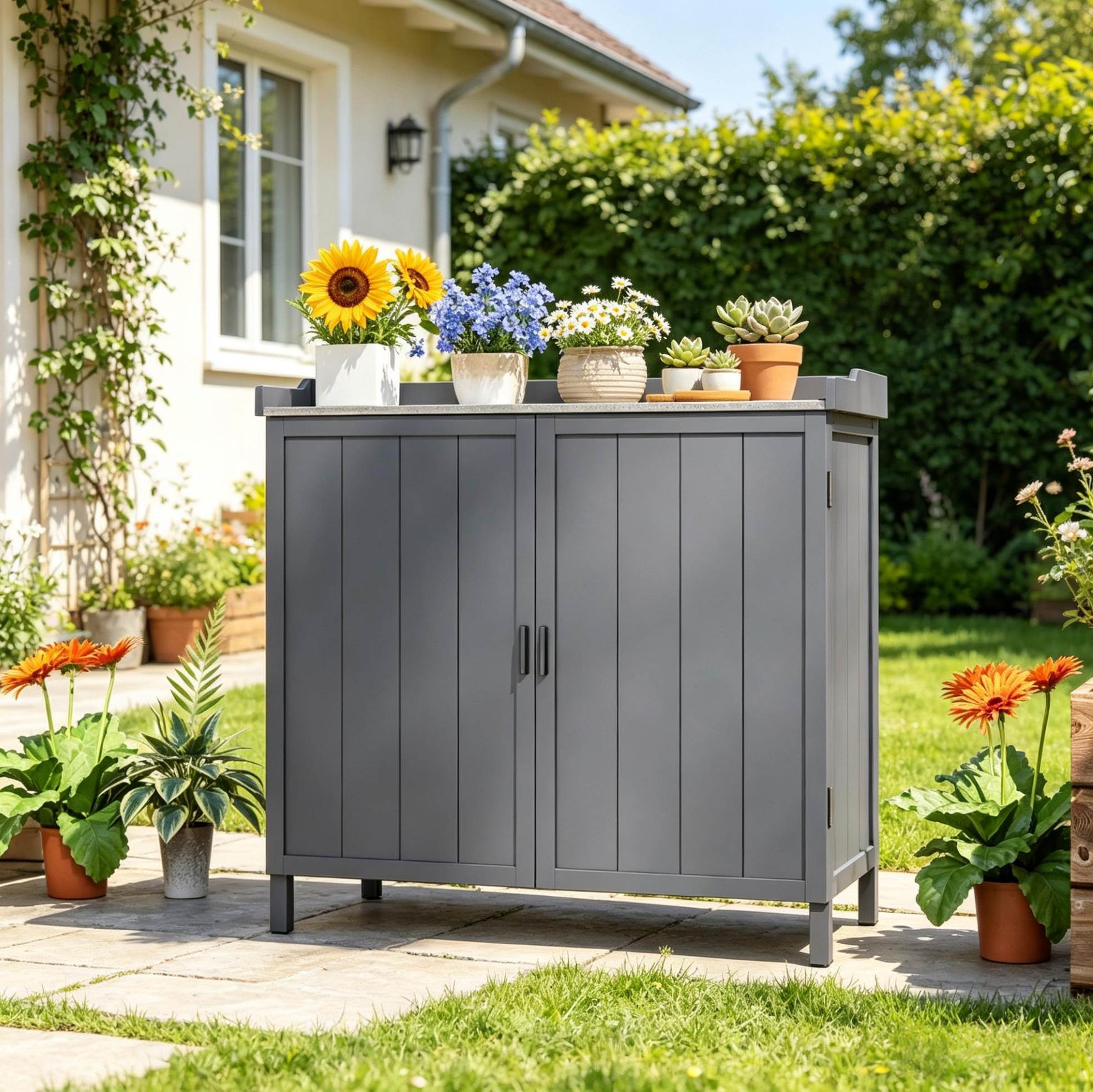 Freistehender Gartenschrank Aus Tannenholz Und Verzinktem Metall, Grau, 98 X 48 X 95,5 Cm