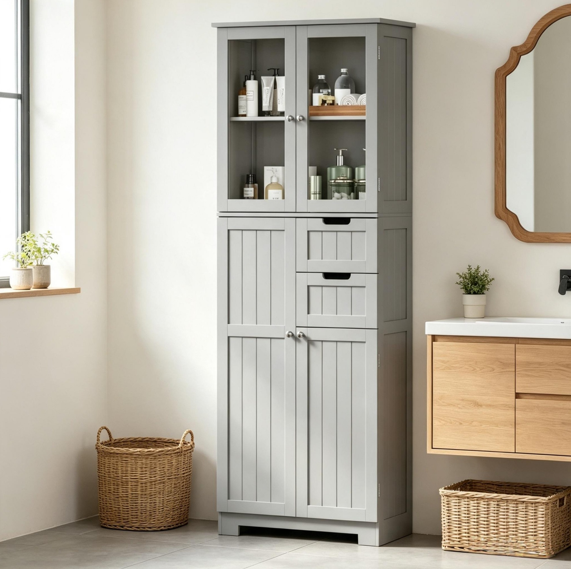 Freistehender Badhochschrank Grau Aus Mdf Mit 4 Türen, 2 Glastüren Und 2 Schubladen
