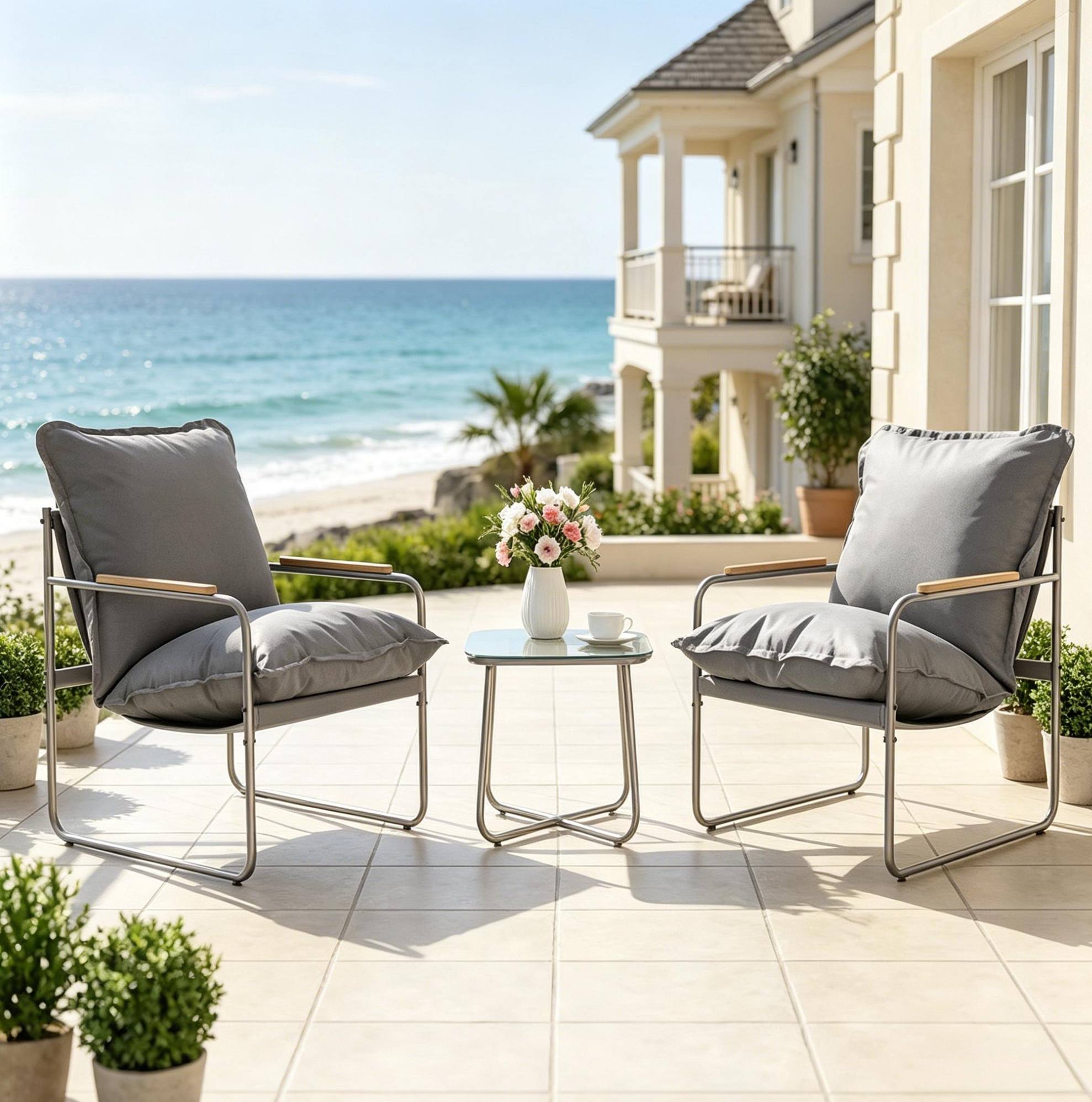 3-teiliges Gartenmöbel-set In Grau Mit Glastisch Und Metallstühlen