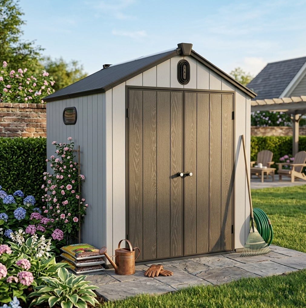 Gartenhaus Aus Kunstharz 6 X 8 Ft Mit Satteldach 187 X 240 X 221 Cm Grau/weiß Okwish