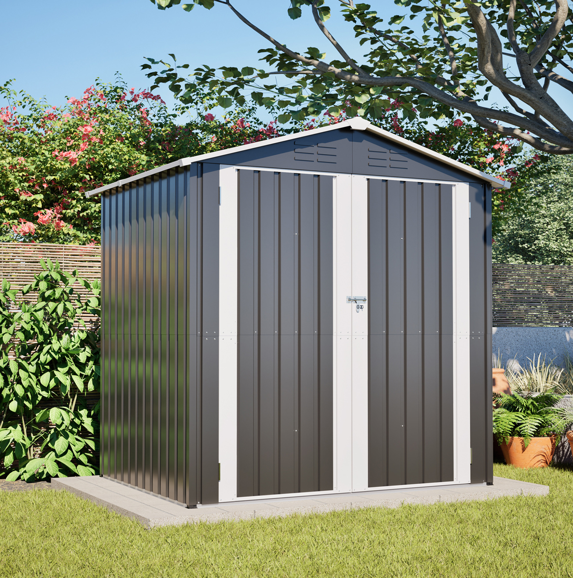 Metall-gartenhaus 185,4 X 142,3 X 185 Cm, Grau, Mit Belüftung Und Bodenrahmen