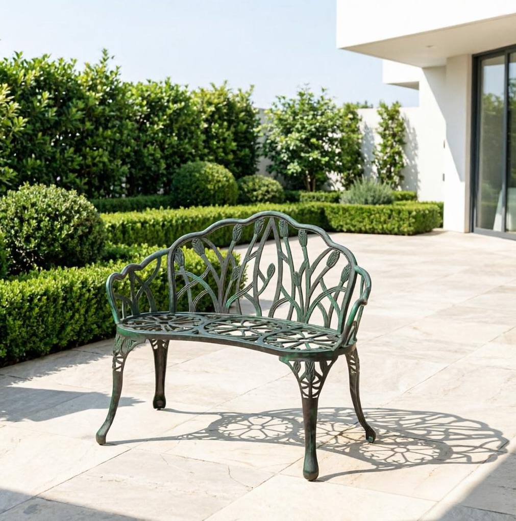 Gartenbank Aus Gussaluminium Mit Floralem Dekor-rückenteil, Antikgrün, 99 X 57 X 78 Cm