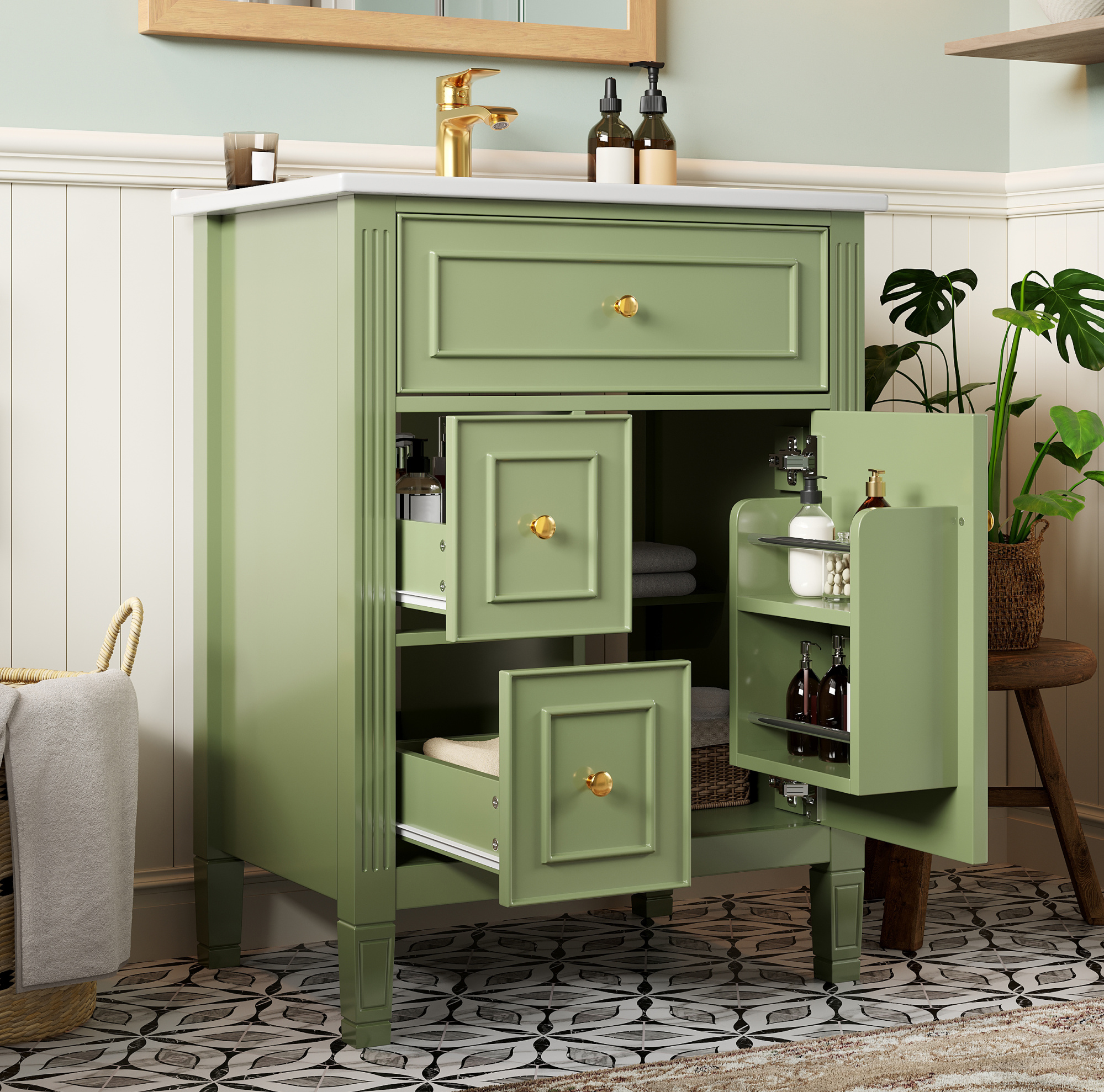 Freistehender Badschrank, Glänzend Grün, 61 Cm, Mit Keramikwaschbecken, Schubladen Und Tür