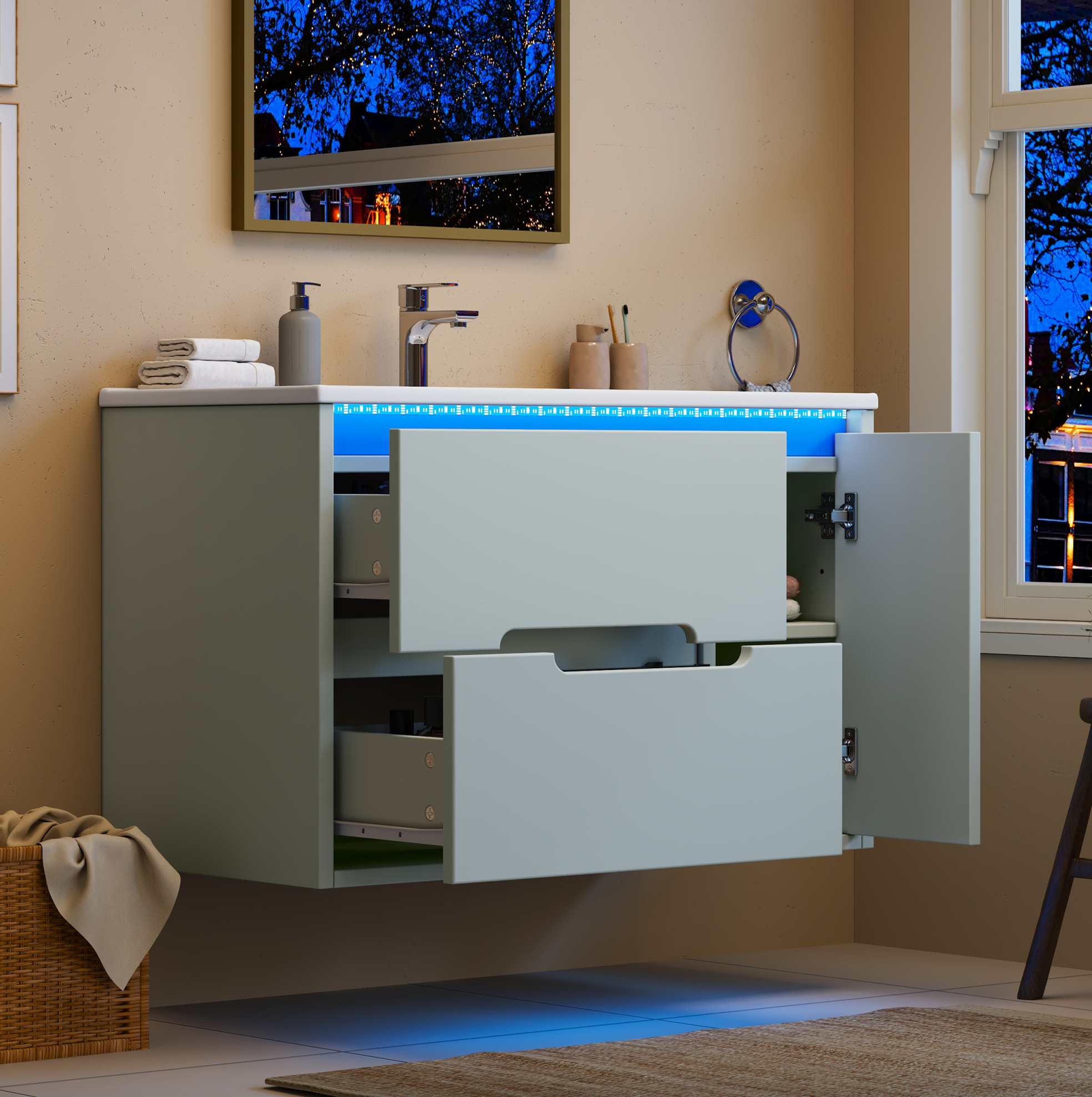 Wandwaschtisch 81 Cm Mit Keramikbecken, Led, Soft-close, Grün, Okwish