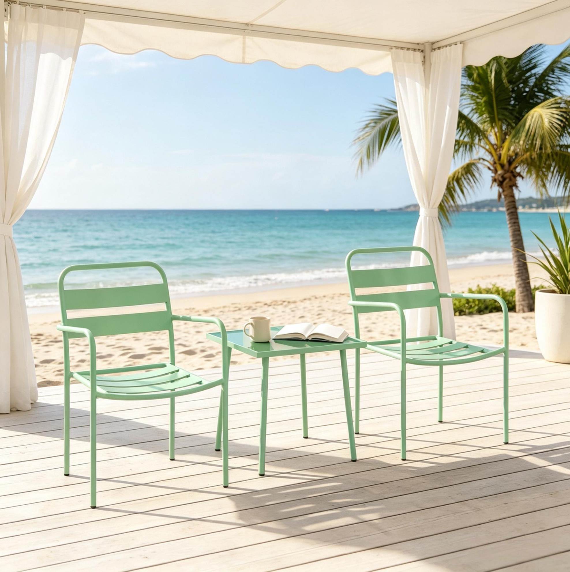 Modernes 3-teiliges Garten-set In Grün Mit 2 Sesseln Mit Armlehnen Und Quadratischem Tisch