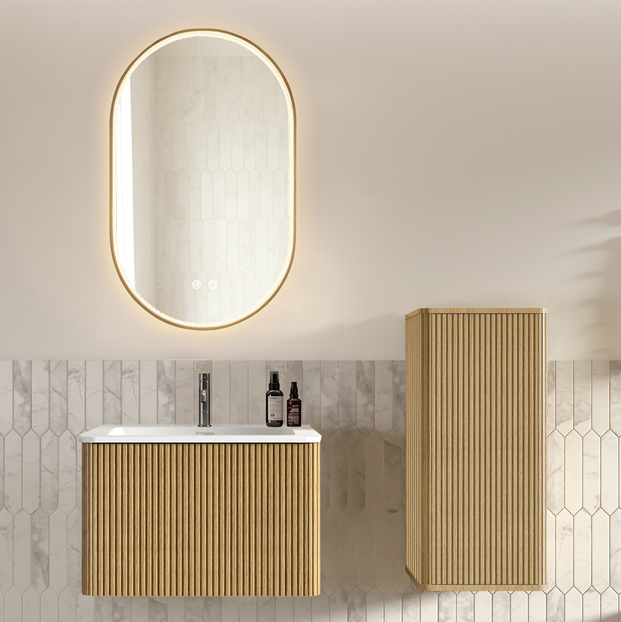 Hängendes Badmöbel-set 60 Cm Mit Waschbecken, Hochschrank Und Ovalem Led-spiegel, Eichenoptik