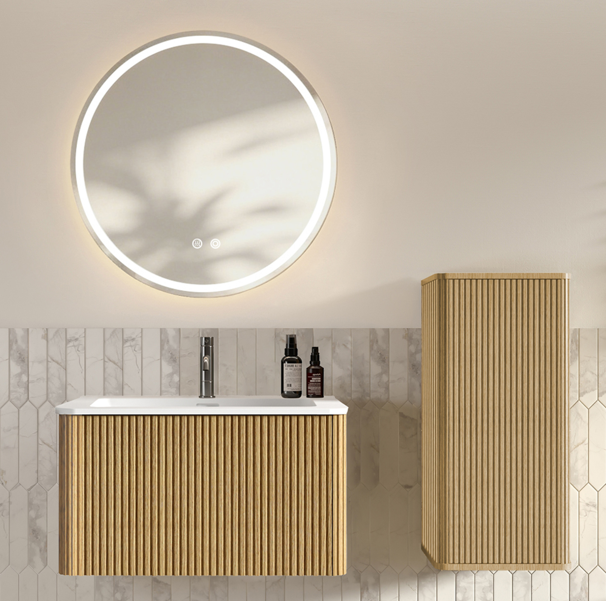 Badezimmermöbel-set Mit Waschbecken, Rundem Led-spiegel 80 Cm, Eiche Und Seitenschrank