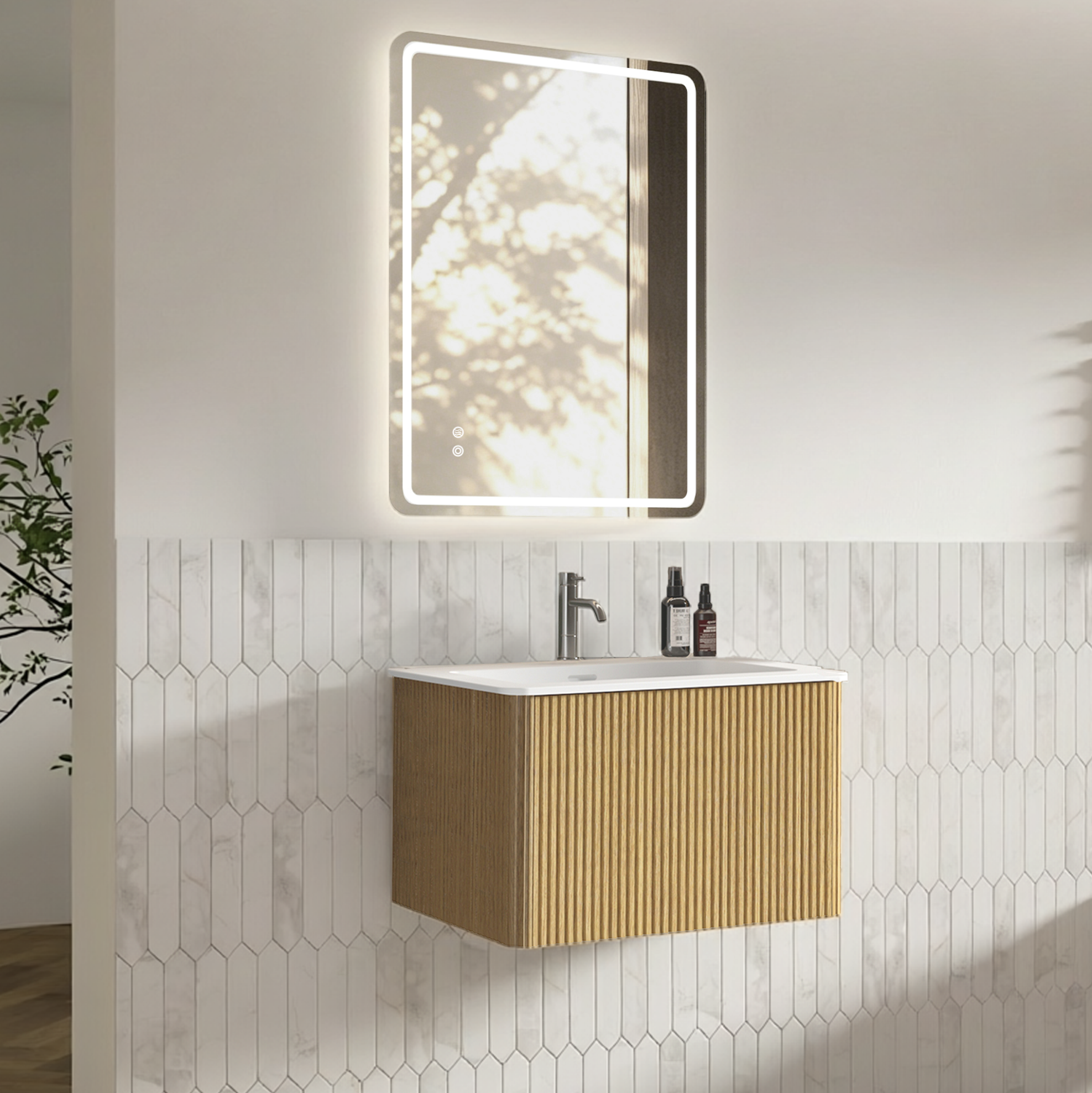 Hängendes Badmöbel-set 60 Cm Mit Integriertem Waschbecken Und Led-spiegel 60 X 80 Cm Eiche