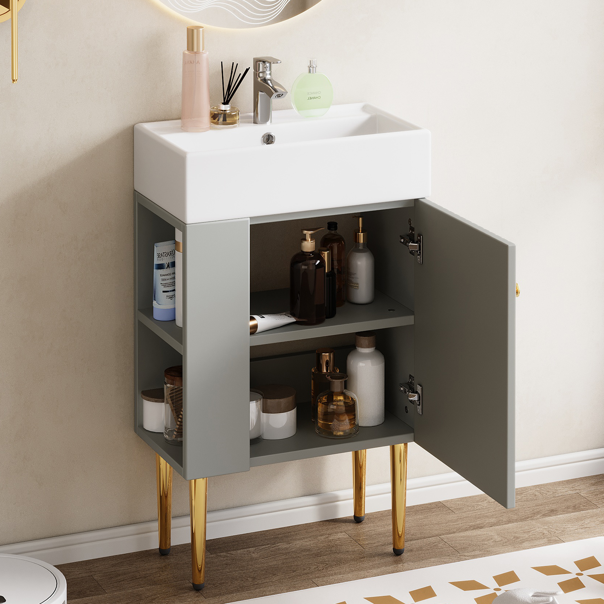 Badmöbel Mit Integriertem Waschbecken 55 Cm Aus Mdf, Hellgrau