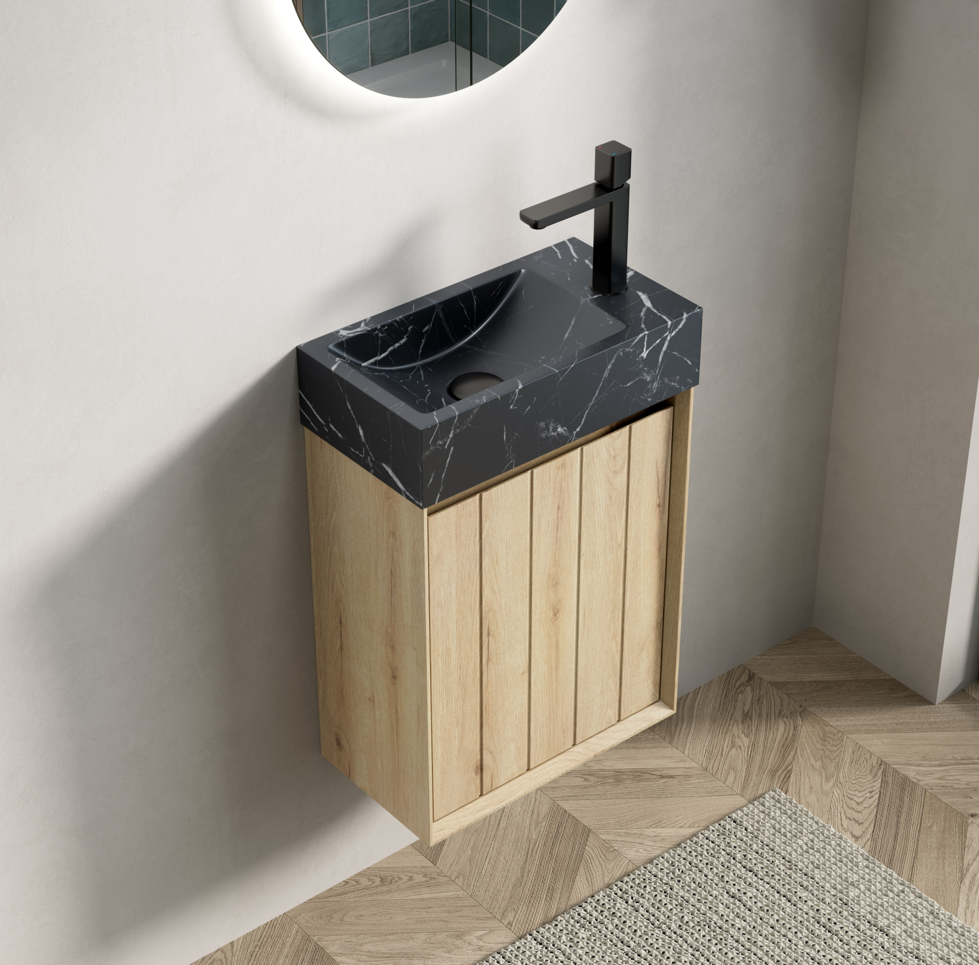 40 Cm Wandwaschtisch Mit Integriertem Waschbecken Aus Schwarzem Marmor, Schrank In Weißeiche