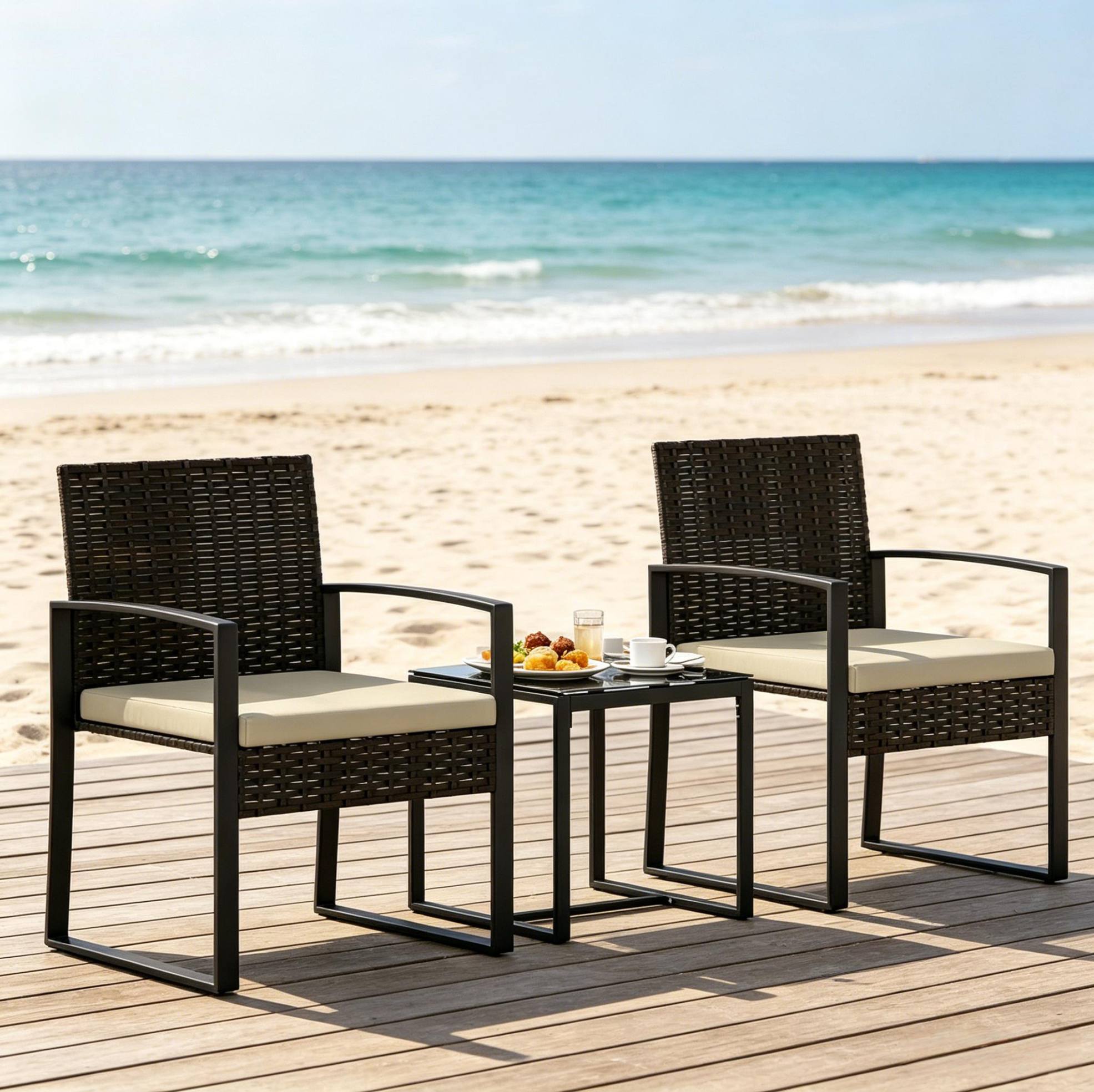 3-teiliges Bistro-gartenset Mit Glastisch Und 2 Polyrattan-stühlen