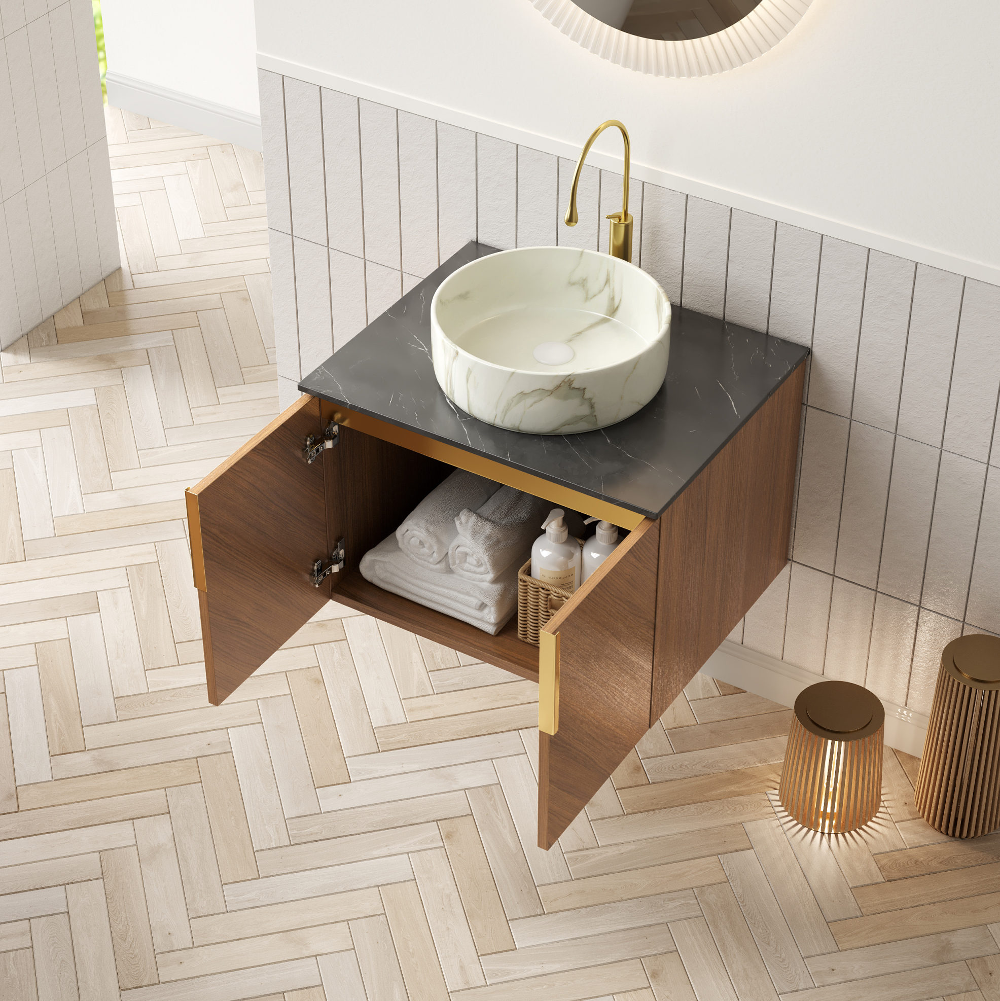 Hängender Badschrank 61 Cm Mit Rundem Keramikwaschbecken Und Sintersteinplatte