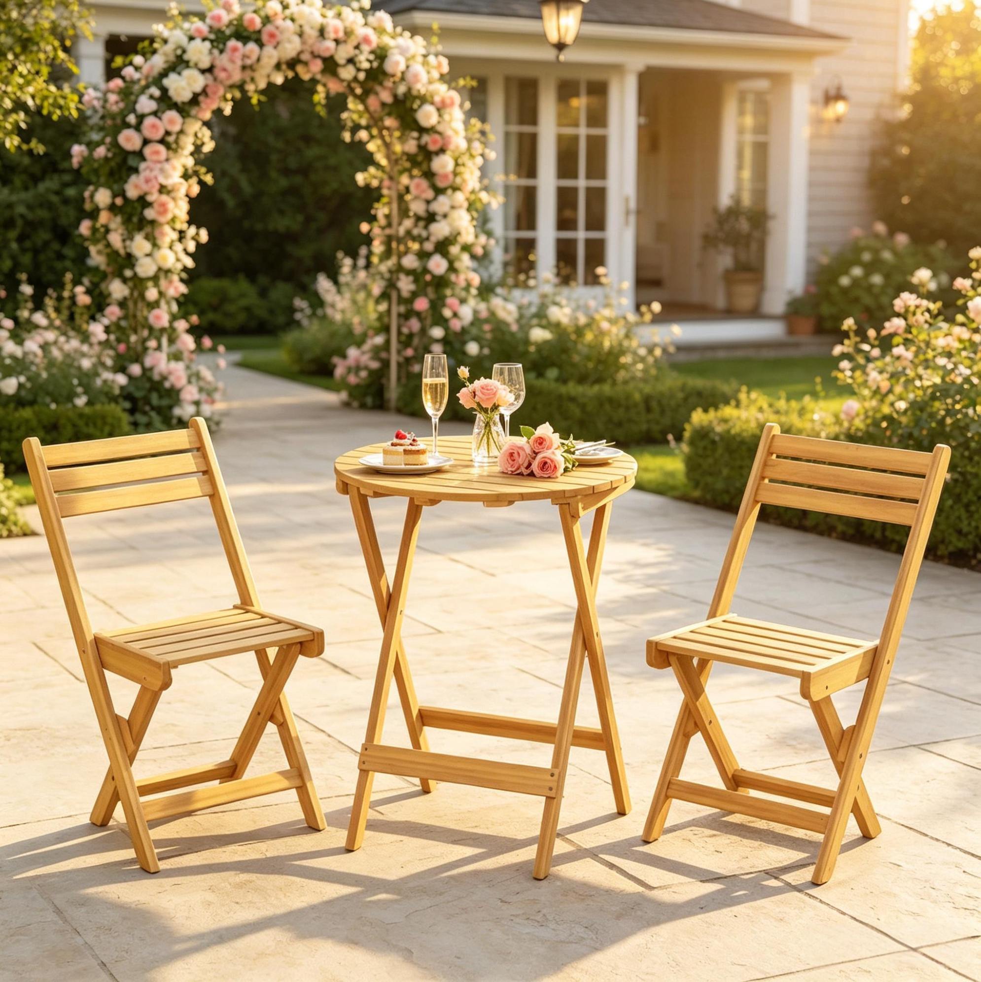Klappbares Bistro-set Aus Akazienholz Für Den Garten, 1 Runder Tisch Und 2 Stühle, Naturholz