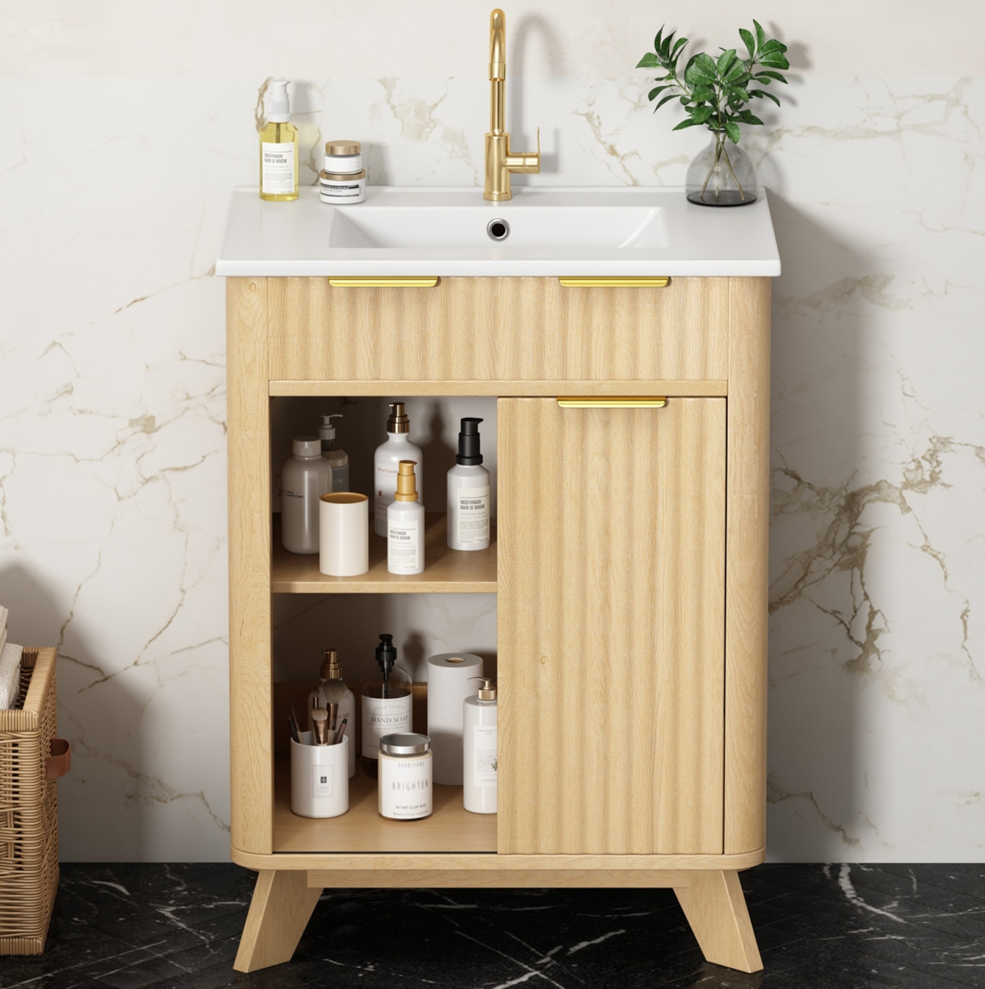 Badezimmer-waschtisch 61 Cm Aus Mdf Und Keramik, Wellenoptik, Naturholz