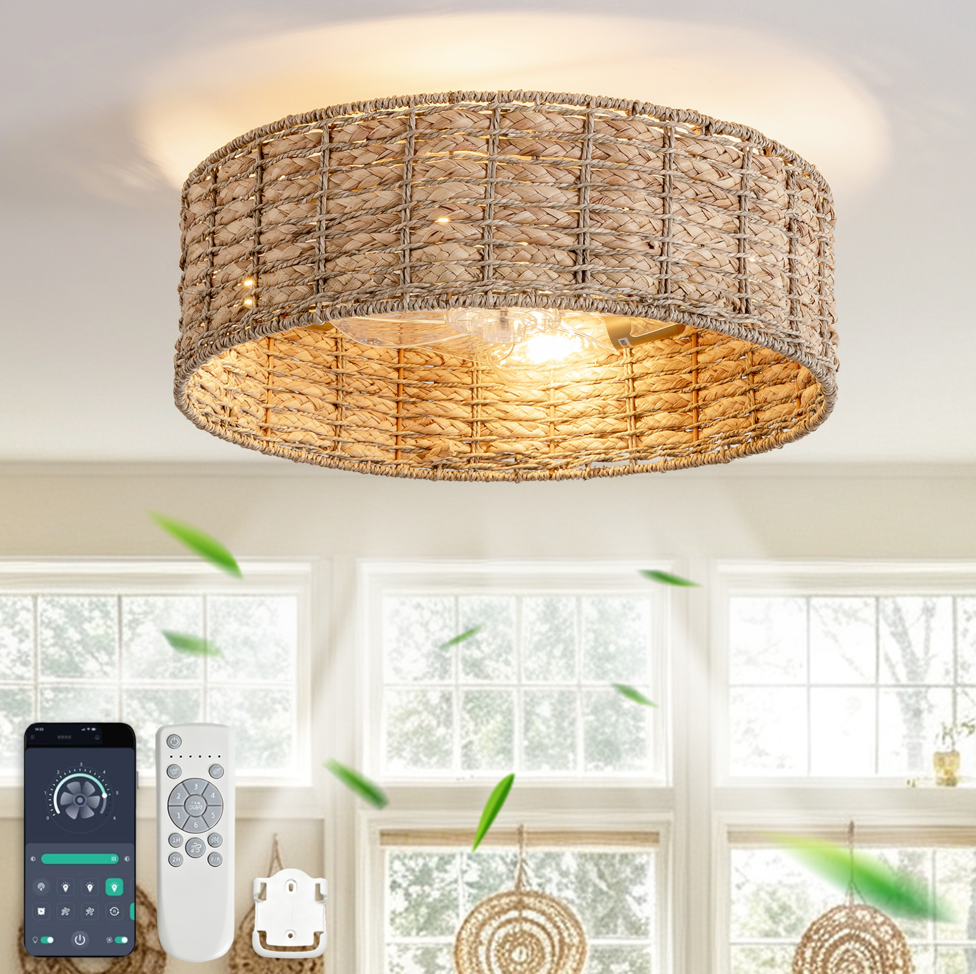 Deckenventilator Aus Natur-rattan 53 Cm Mit App Und Fernbedienung, Okwish