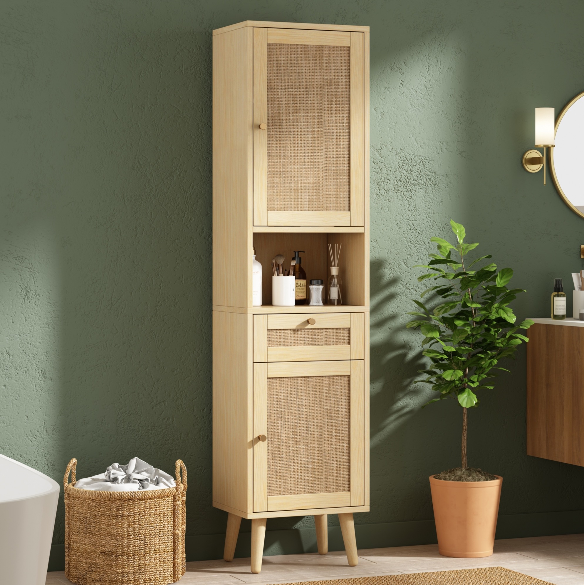 Hochschrank Bad 166 Cm Aus Mdf In Naturholzoptik Mit Rattanoptik-türen Und Schublade