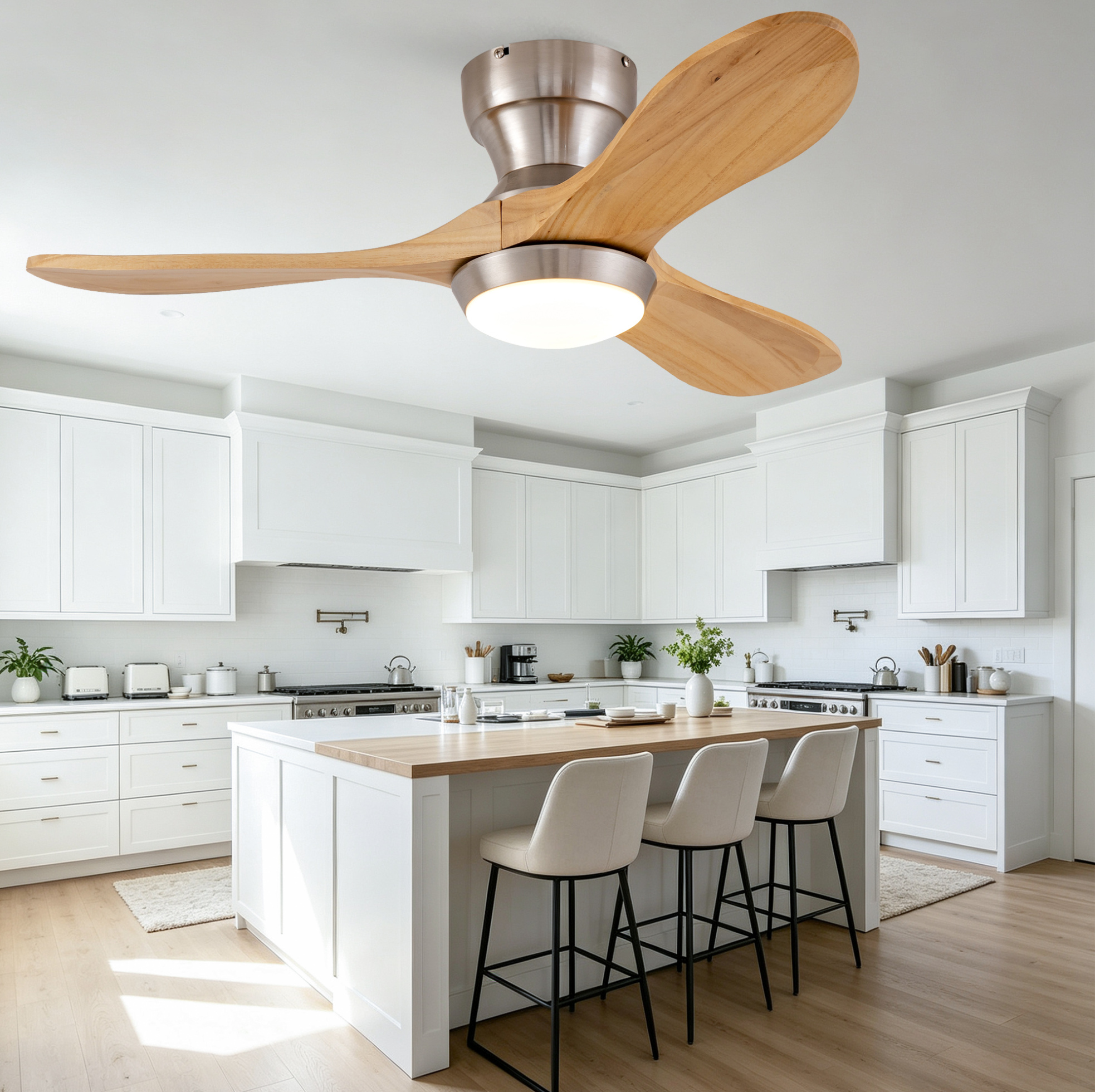 Flacher Deckenventilator Ø 90 Cm Aus Natürlichem Nussbaumholz, Fernbedienung, 6 Stufen