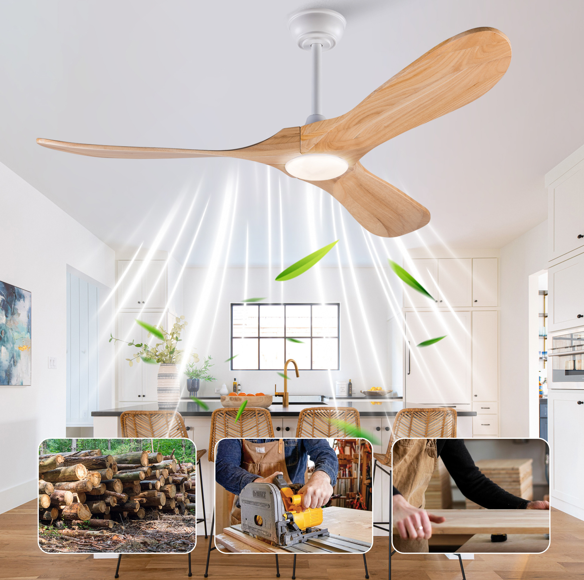 52-zoll-deckenventilator Mit Led-beleuchtung, Fernbedienung, 3 Holzflügel, Naturweiß
