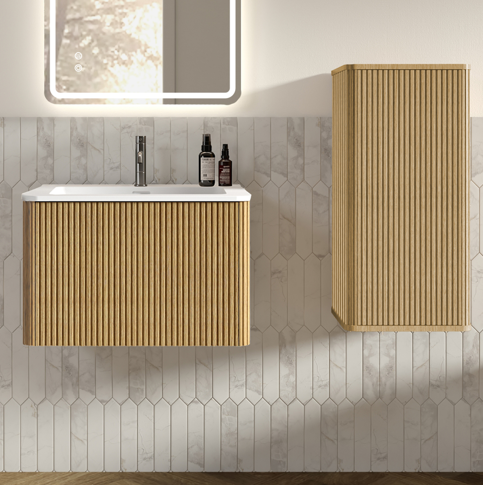 Hängendes Badmöbel-set 60 Cm Mit Waschbecken Und Seitenschrank, Eiche, Okwish