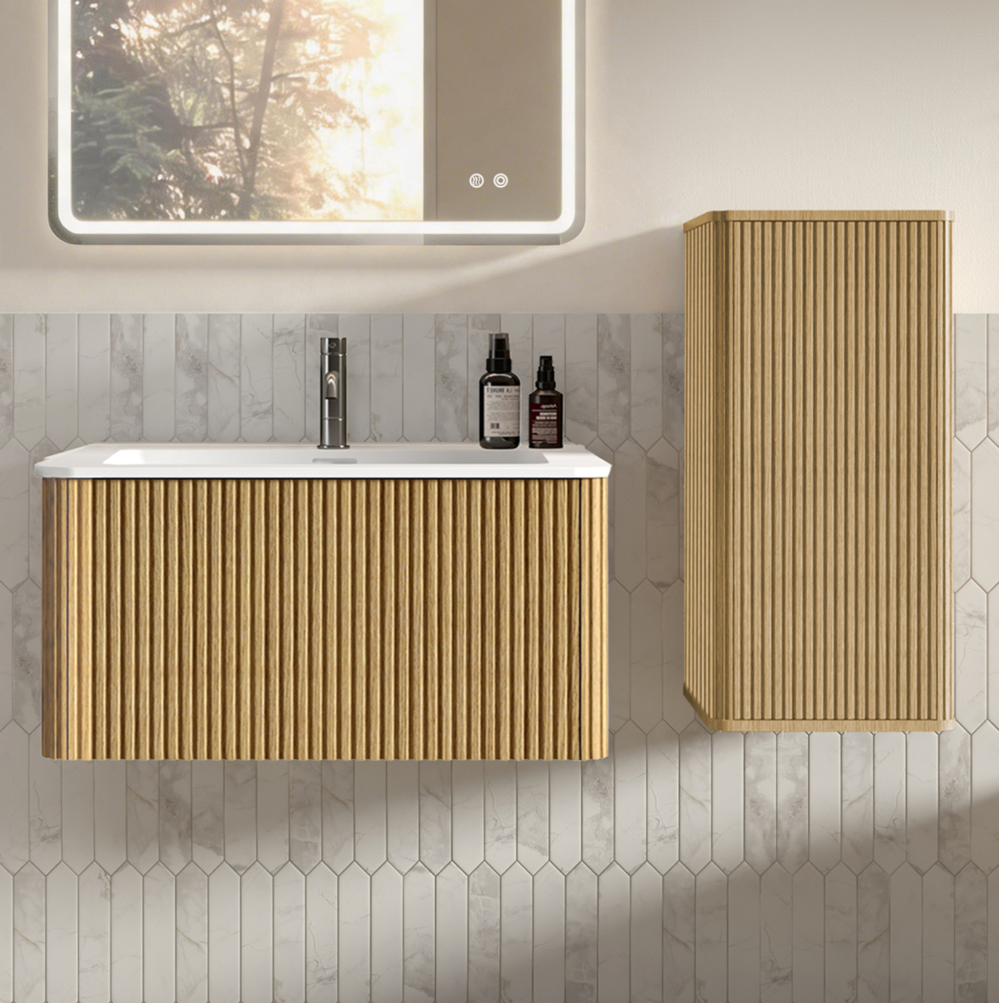 Hängender Badwaschtisch 81 Cm In Eichenoptik Mit Seitenschrank Okwish