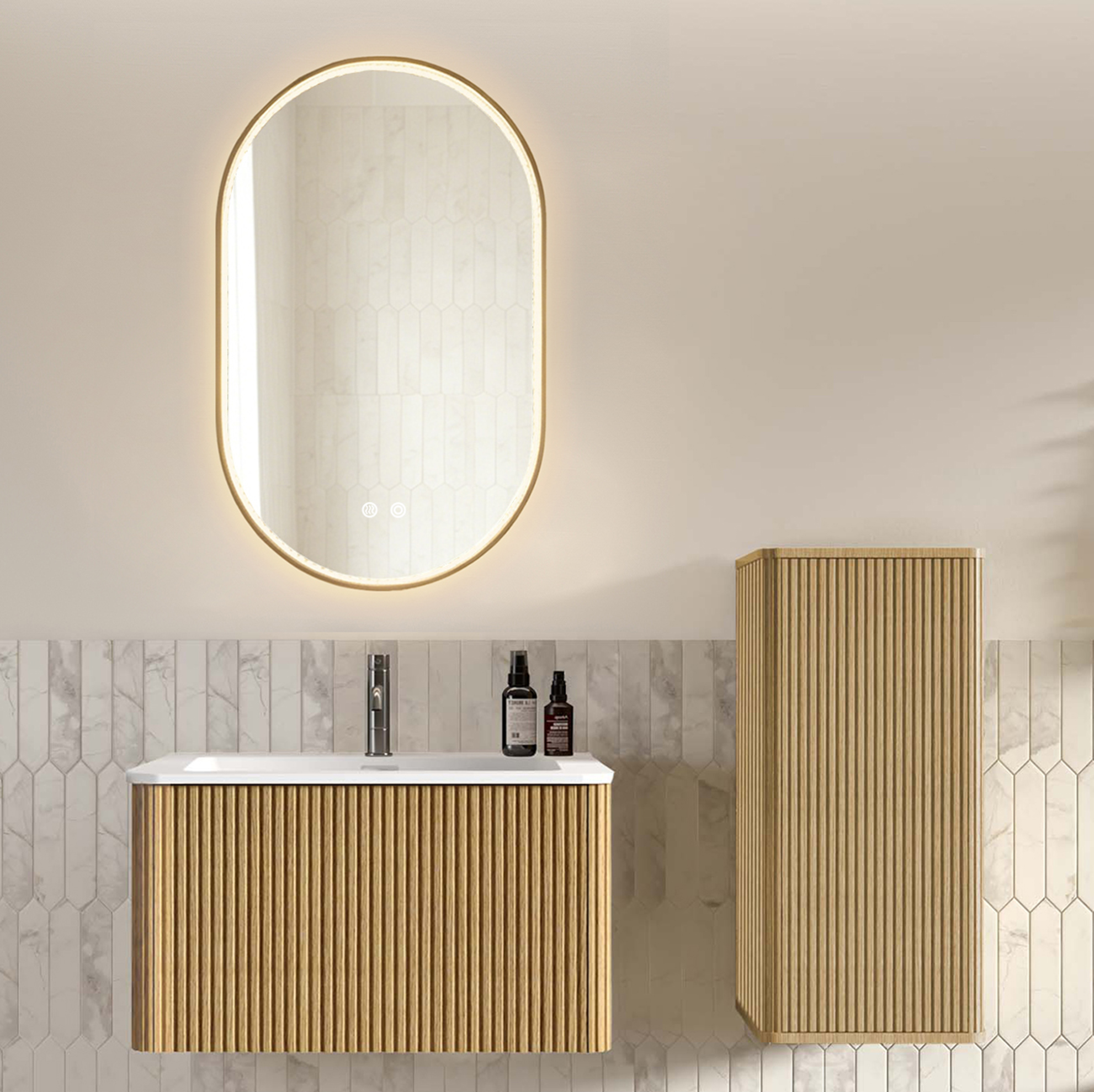Hänge-badmöbelset 80 Cm Mit Waschbecken, Seitenschrank Und Ovalem Led-spiegel, Eichenoptik