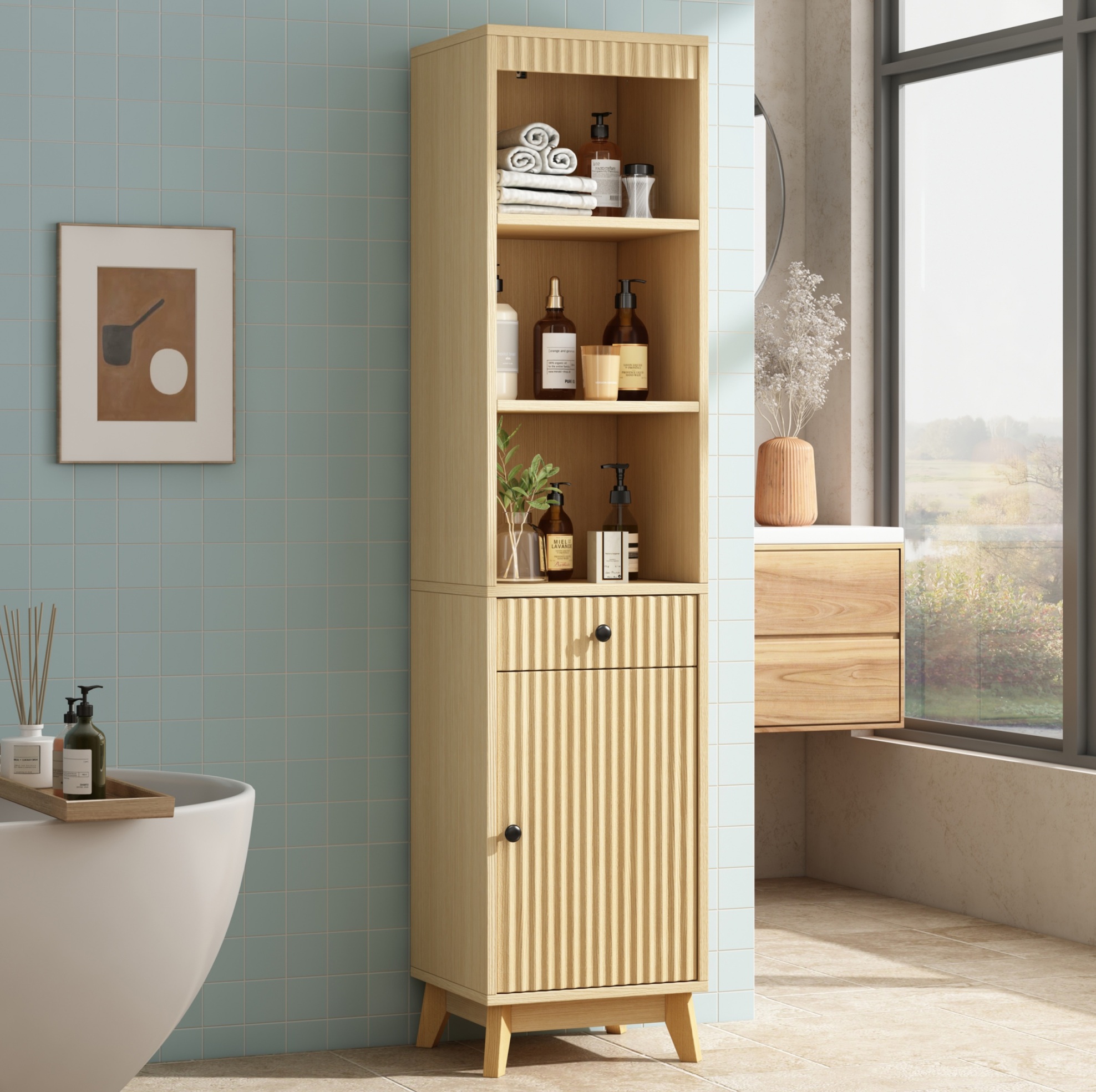 Hochschrank Fürs Bad, 172 Cm, Mdf In Naturholzoptik, Mit Schublade Und Reversibler Tür