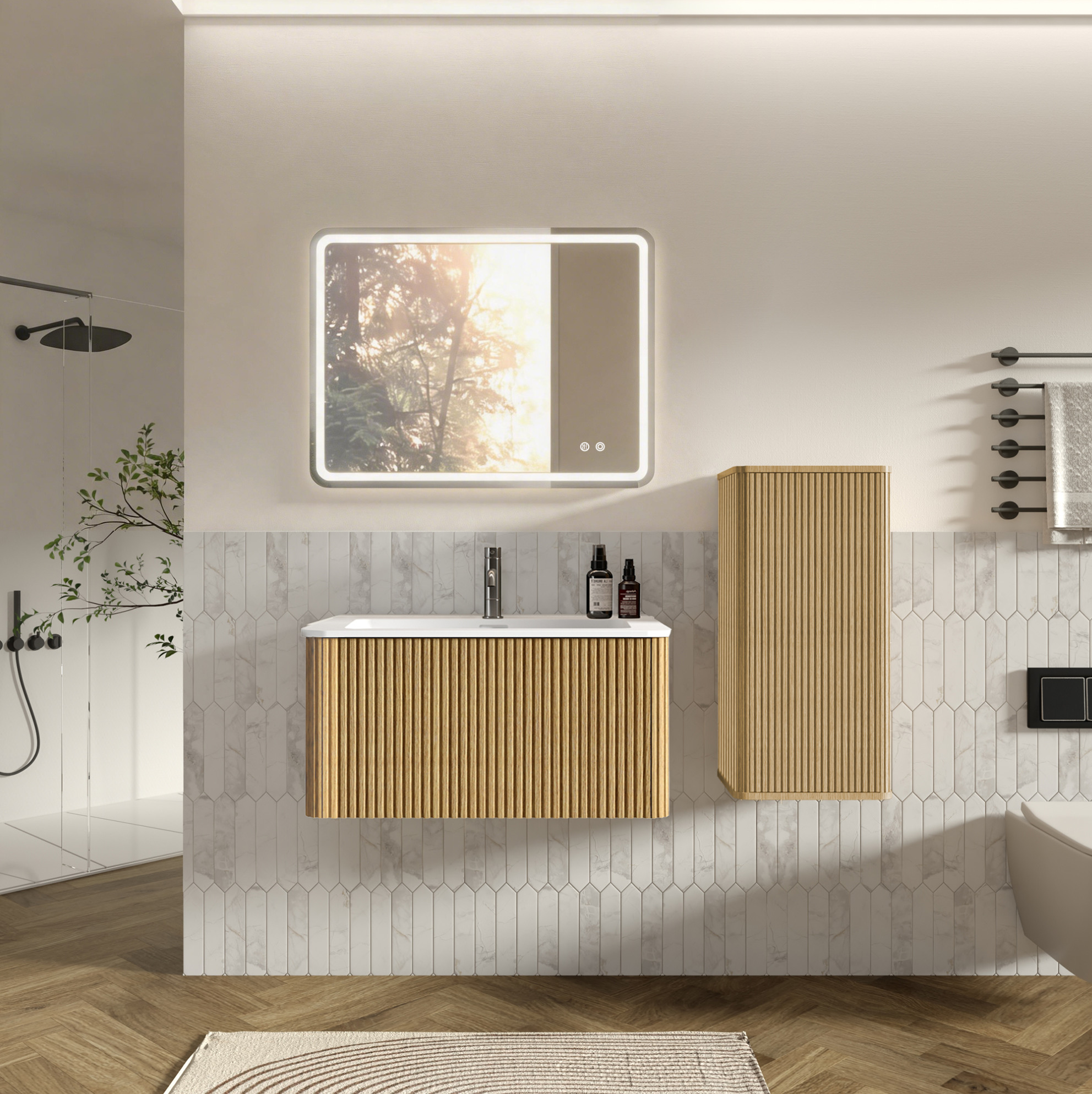 Hängendes Badmöbel-set 80 Cm Mit Waschbecken, Led-spiegel Und Hochschrank In Eichenoptik
