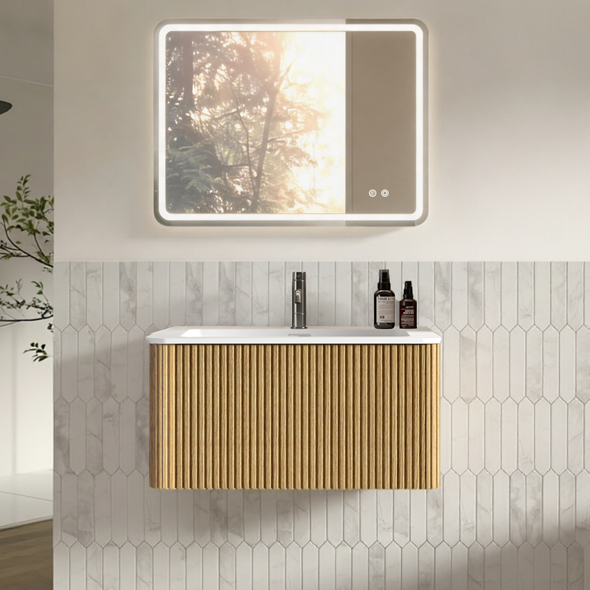 Hängendes Badmöbel-set 80 Cm Mit Waschbecken Und Led-spiegel 60x80 Cm Eiche Okwish