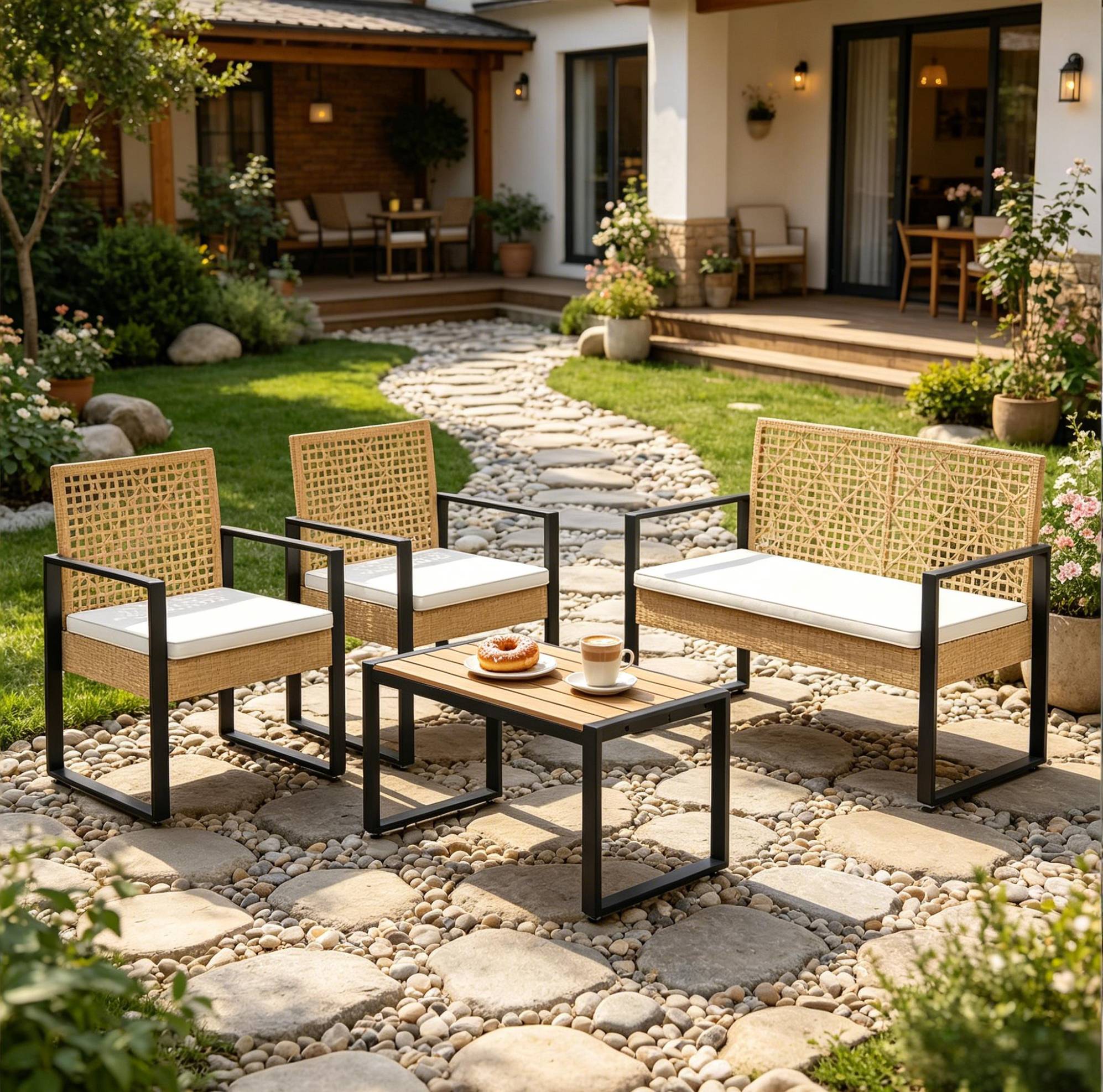 Okwish 4-teiliges Gartenmöbel-set Aus Pe-rattan Mit Tisch, 2-sitzer-sofa Und Sesseln