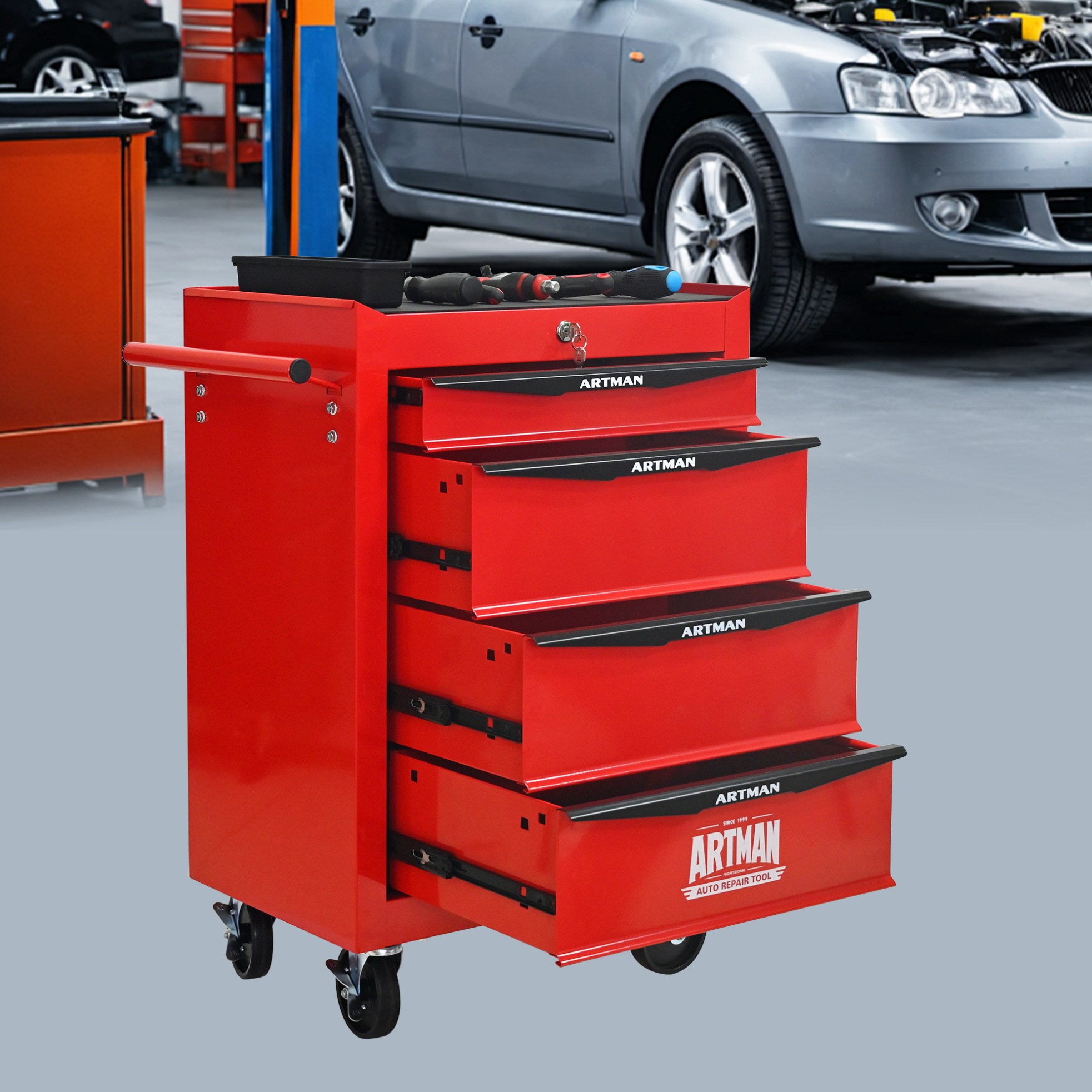 Okwish Werkzeugwagen Aus Metall Mit 4 Schubladen Und Rollen, Rot/schwarz, 52,5 X 33 X 77,5 Cm