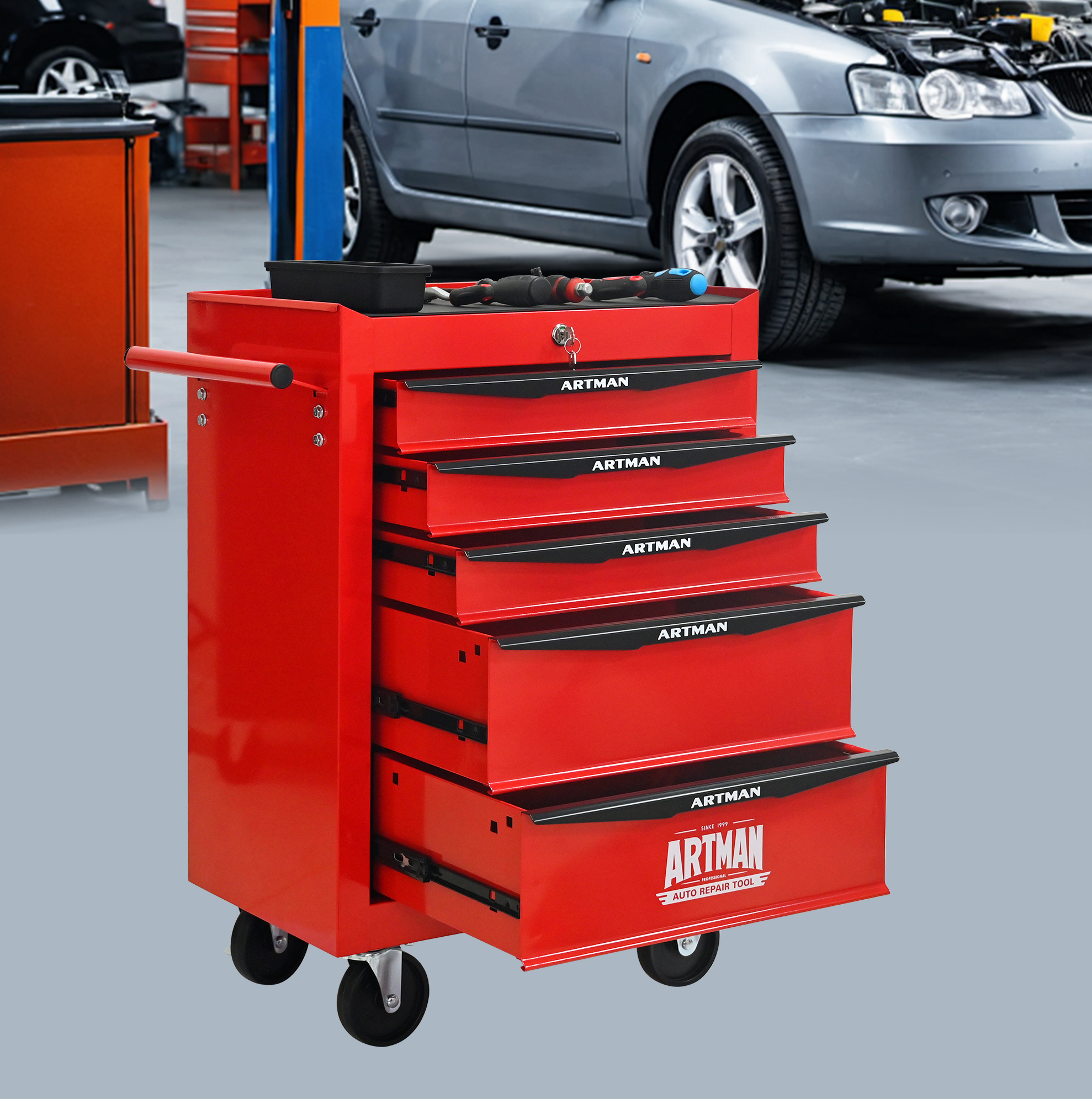 Metall-werkzeugwagen Mit 5 Schubladen Auf Rollen, Rot/schwarz, 52,5 Cm, Okwish