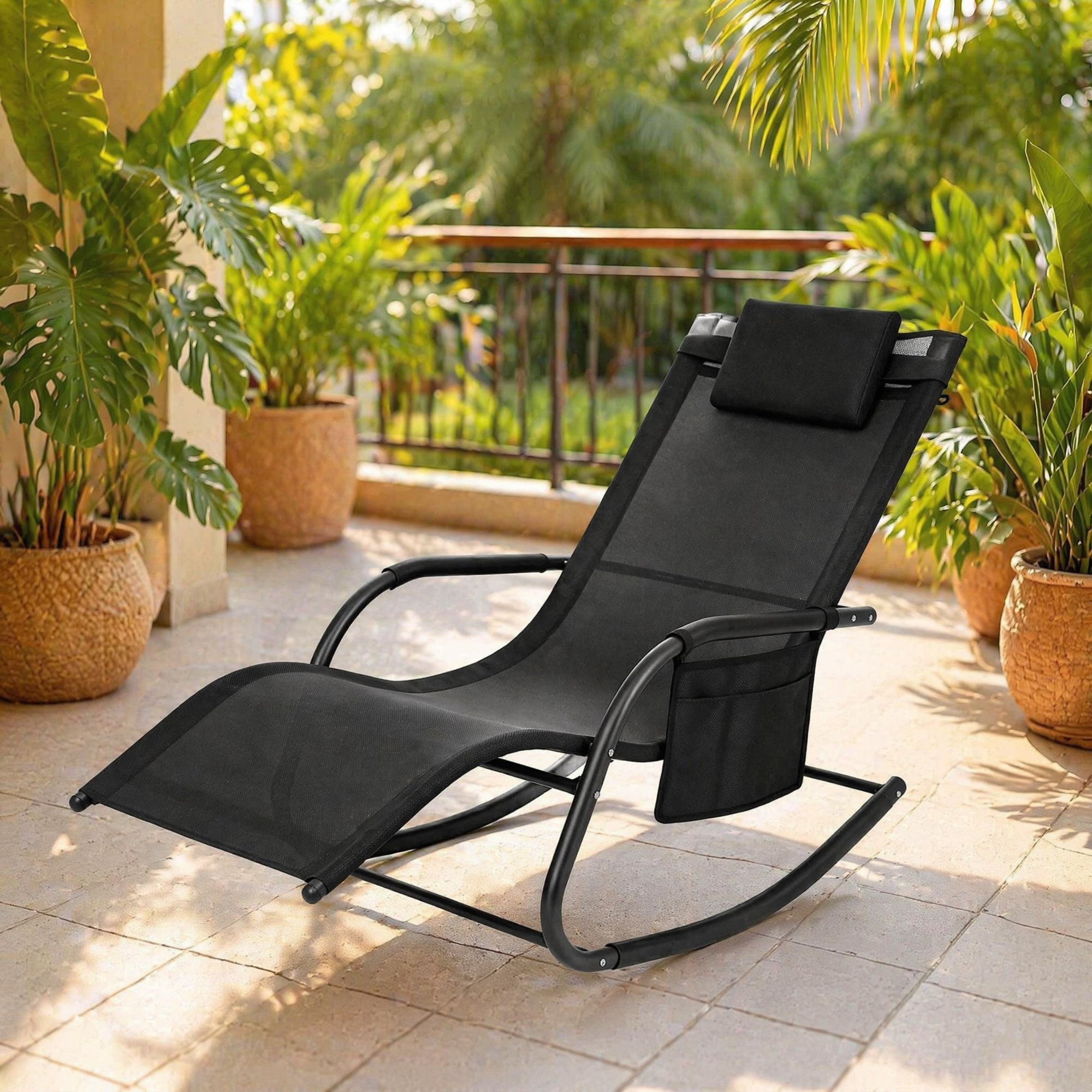 Outdoor-schaukelliege Mit Seitentasche, Metall Und Polyester, Schwarz, 152 X 83 X 62 Cm