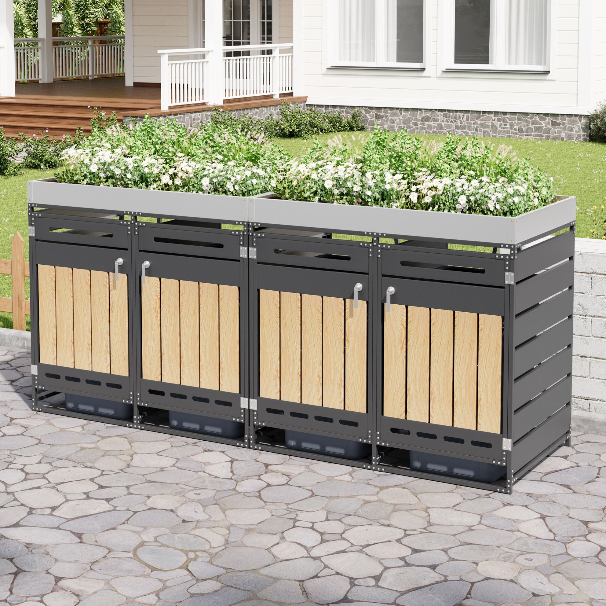 Mülltonnenbox Mit 4 Fächern Und Pflanzkasten, Schwarzes Metall, 262 X 79 X 120 Cm